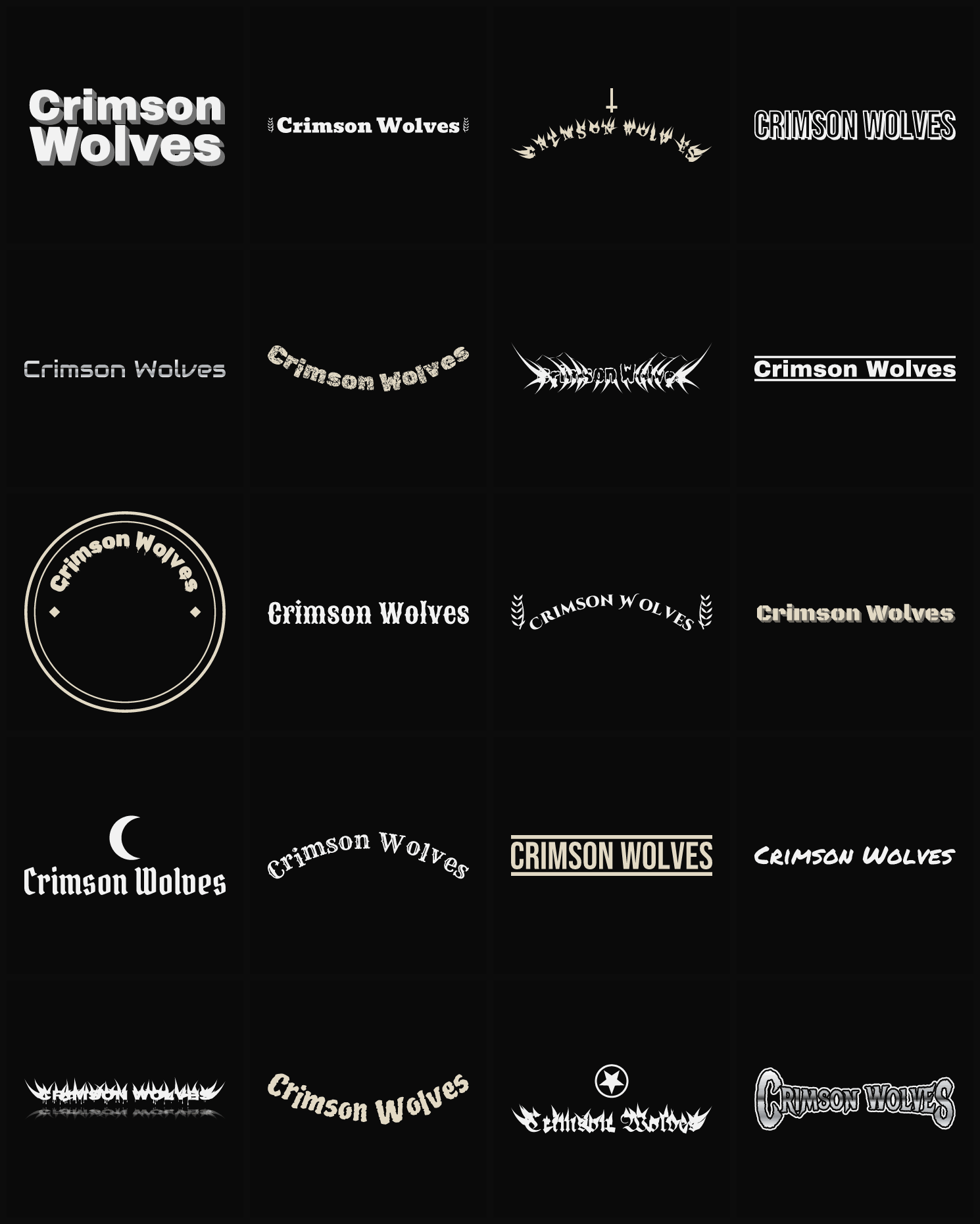 Twenty Crimson Wolves band logo ideas — different faces, treatments and spike settings