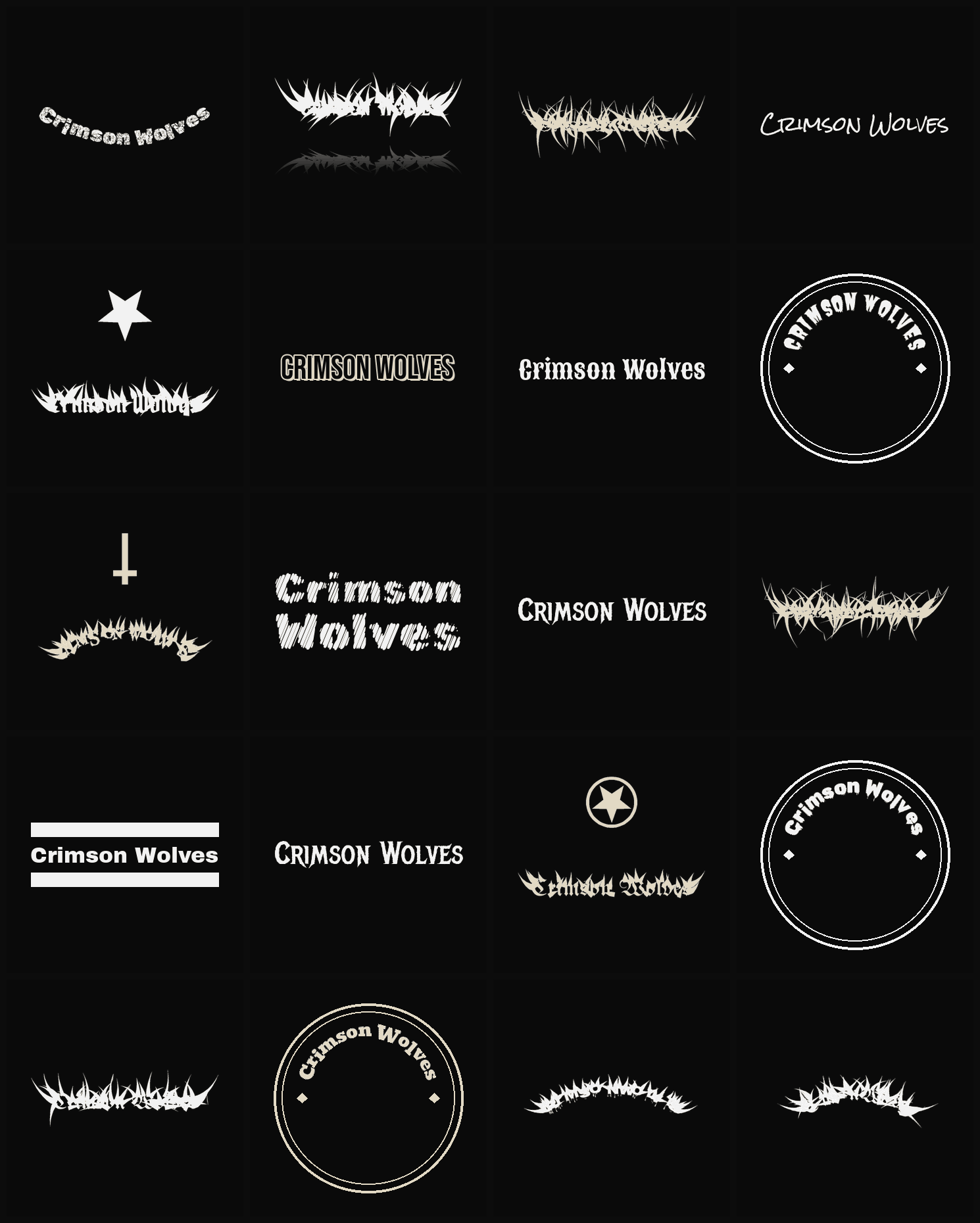 Twenty Crimson Wolves band logo ideas — different faces, treatments and spike settings