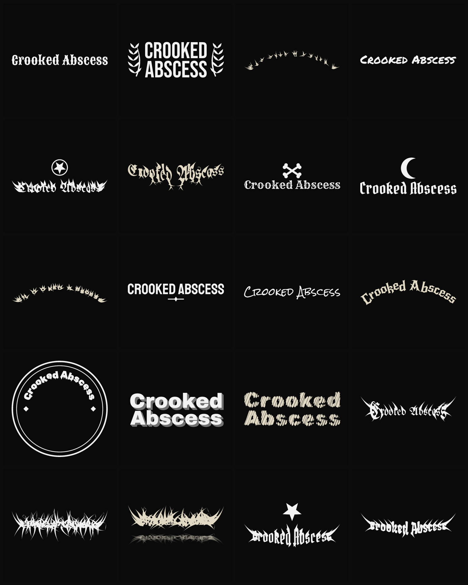 Twenty Crooked Abscess band logo ideas — different faces, treatments and spike settings