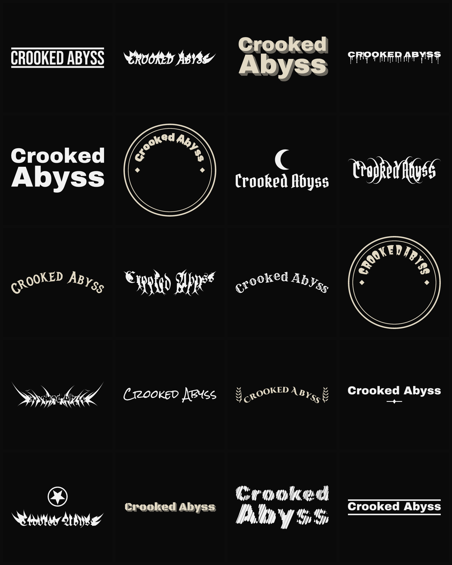 Twenty Crooked Abyss band logo ideas — different faces, treatments and spike settings