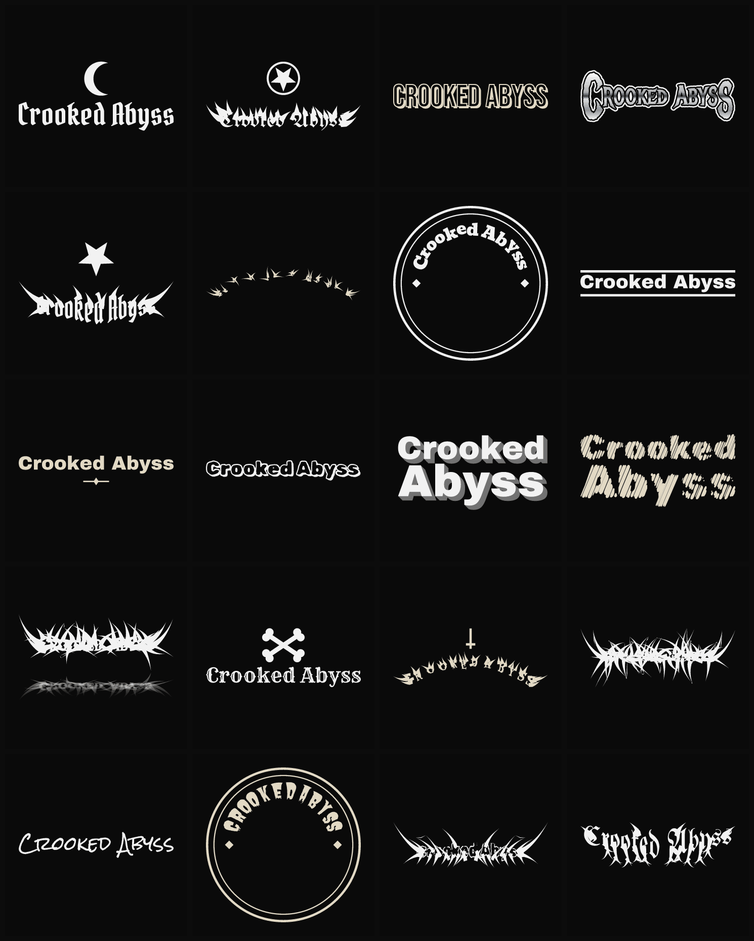 Twenty Crooked Abyss band logo ideas — different faces, treatments and spike settings