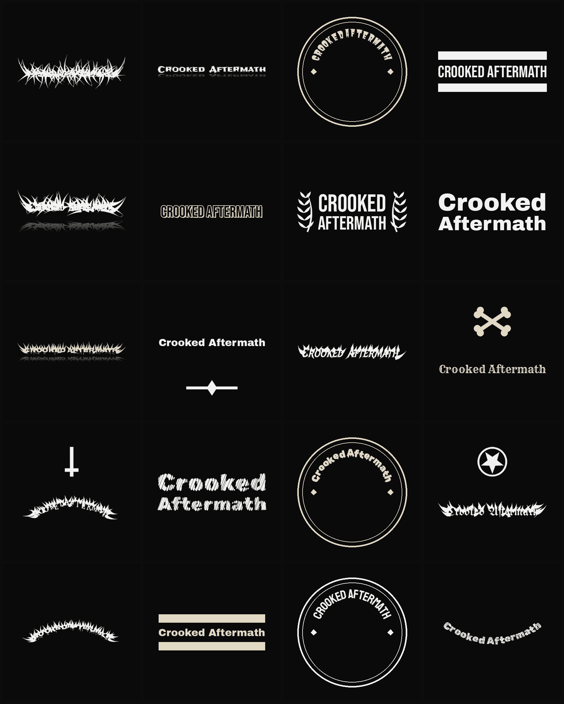 Twenty Crooked Aftermath band logo ideas — different faces, treatments and spike settings