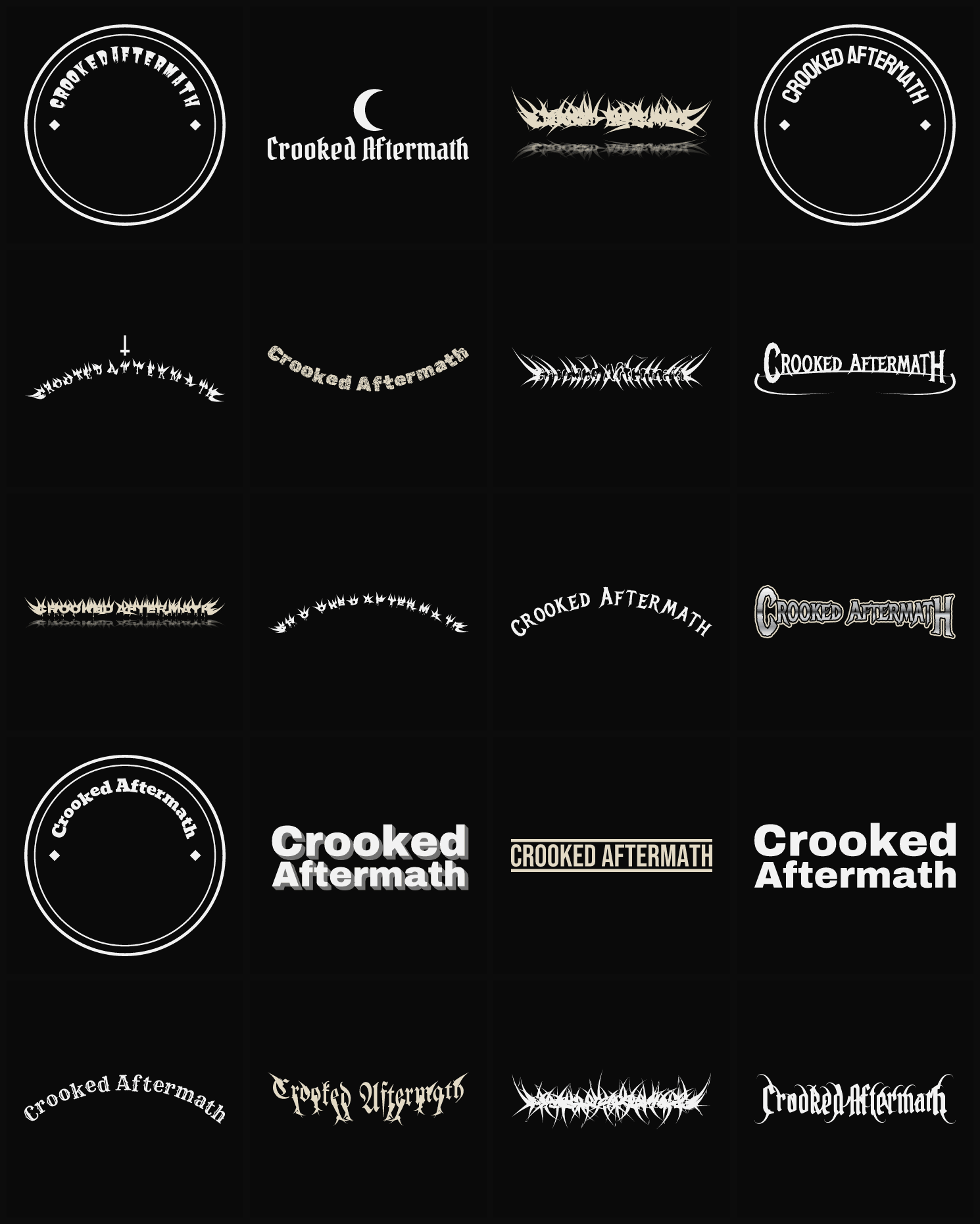 Twenty Crooked Aftermath band logo ideas — different faces, treatments and spike settings