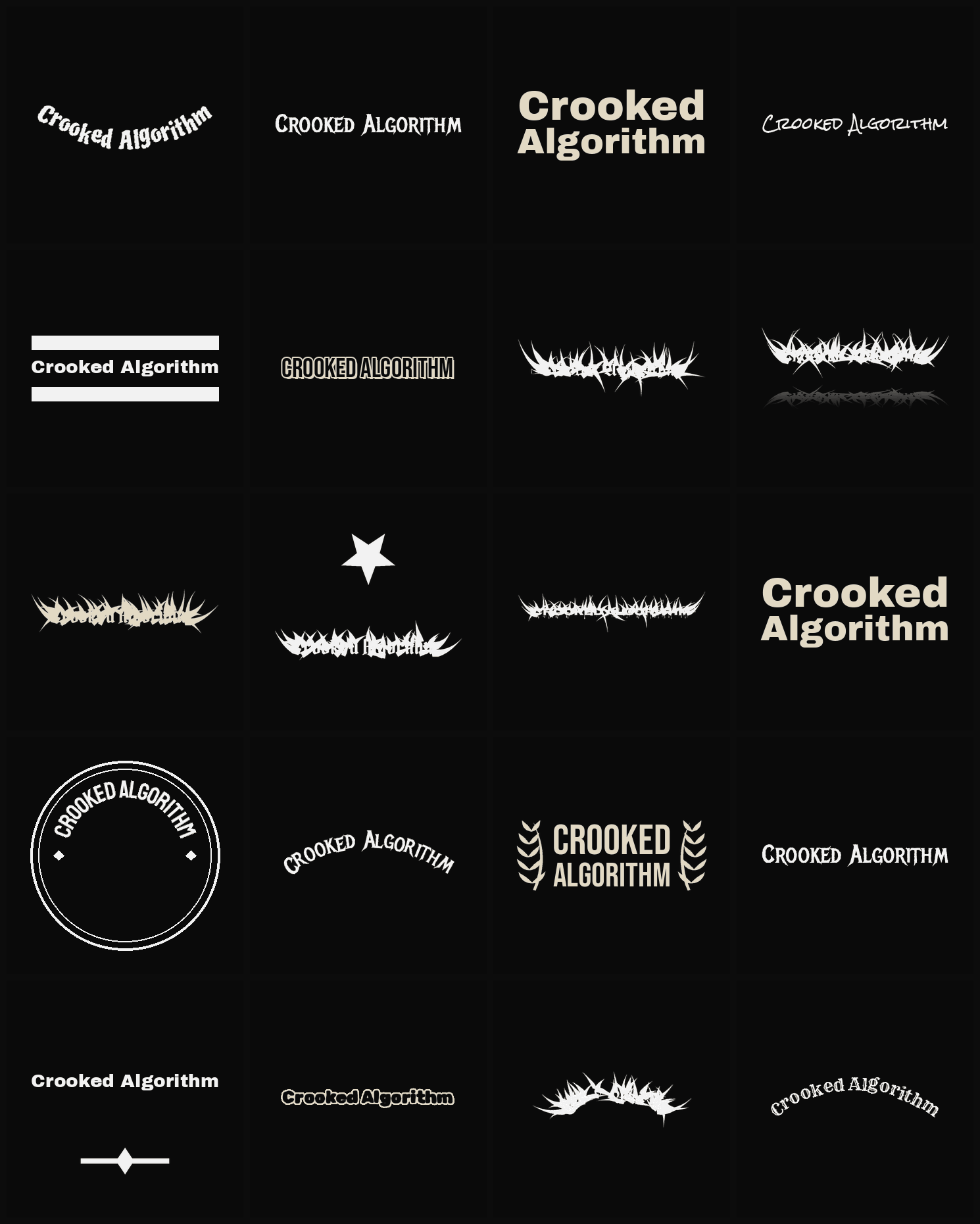 Twenty Crooked Algorithm band logo ideas — different faces, treatments and spike settings