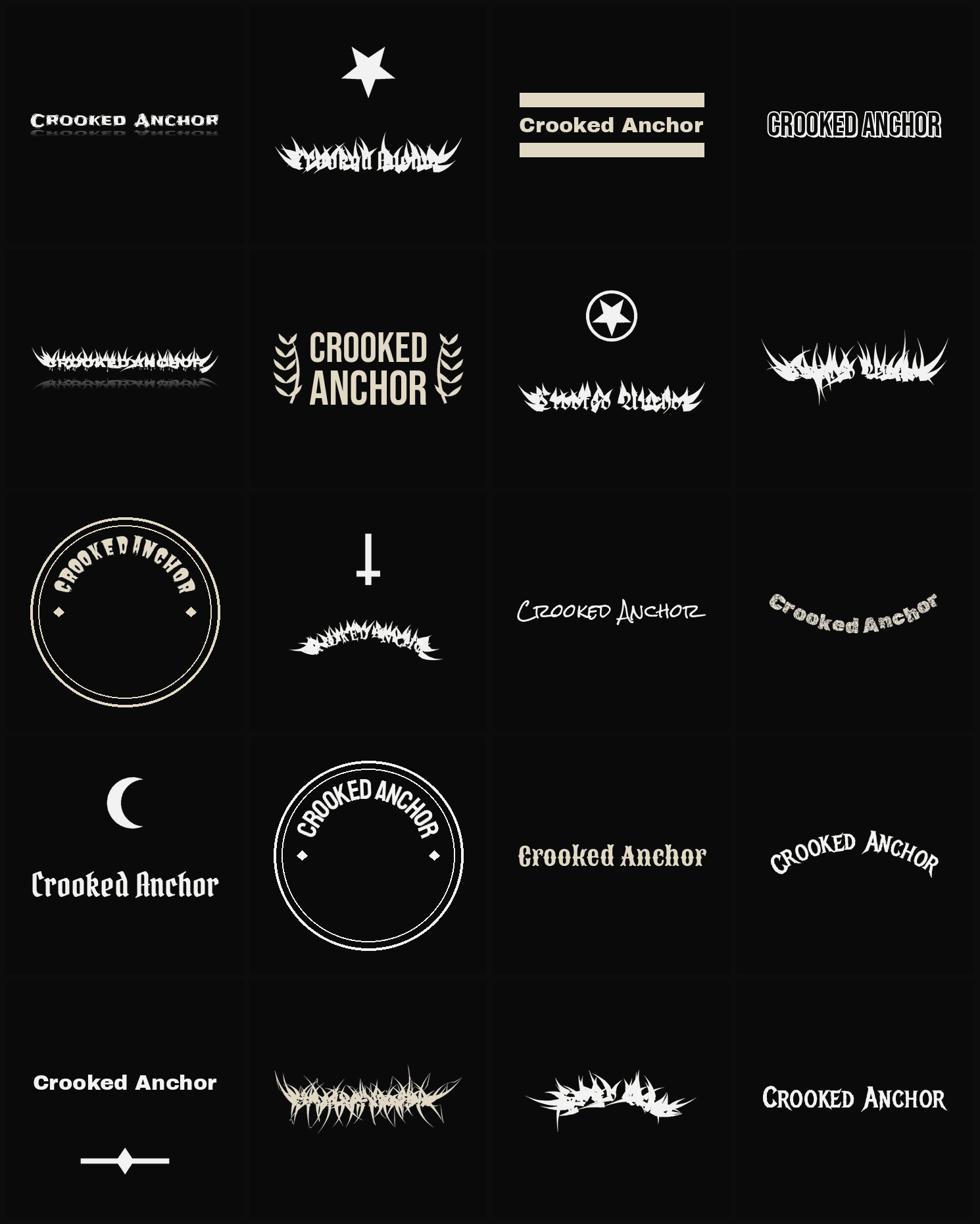 Twenty Crooked Anchor band logo ideas — different faces, treatments and spike settings