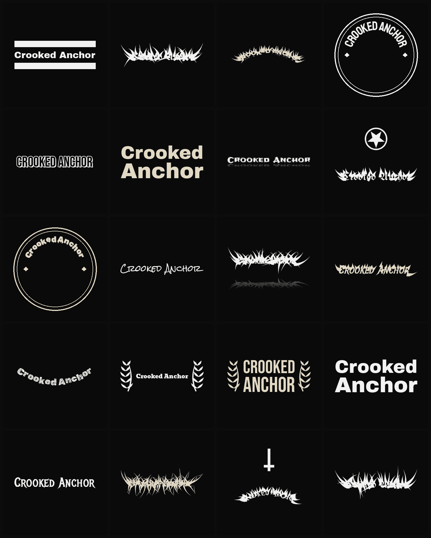 Twenty Crooked Anchor band logo ideas — different faces, treatments and spike settings