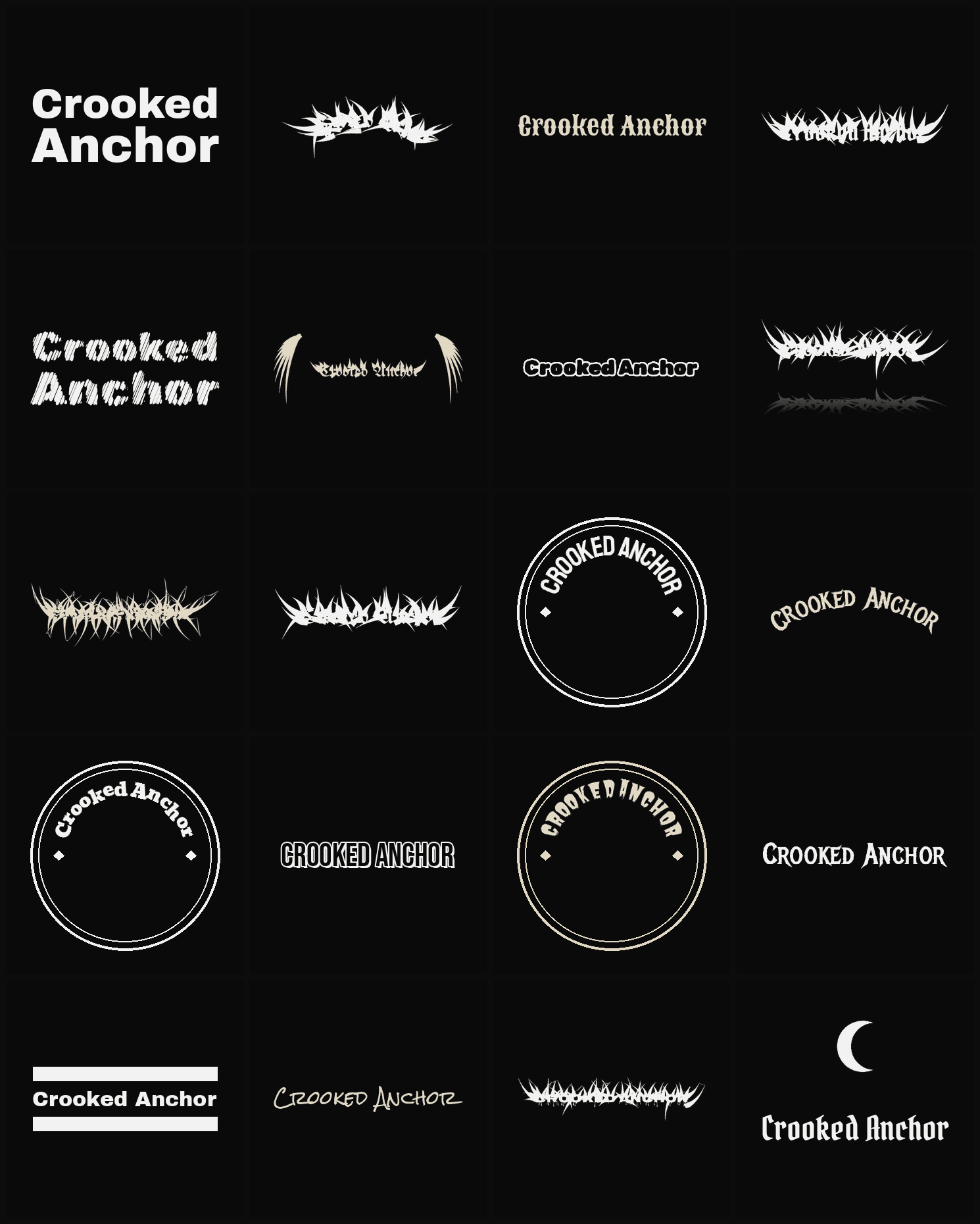 Twenty Crooked Anchor band logo ideas — different faces, treatments and spike settings