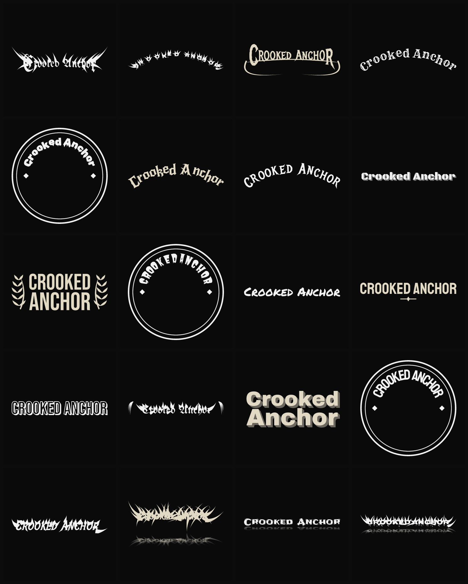Twenty Crooked Anchor band logo ideas — different faces, treatments and spike settings