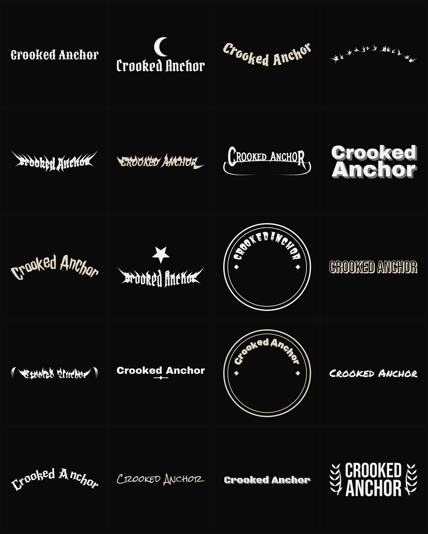 Twenty Crooked Anchor band logo ideas — different faces, treatments and spike settings