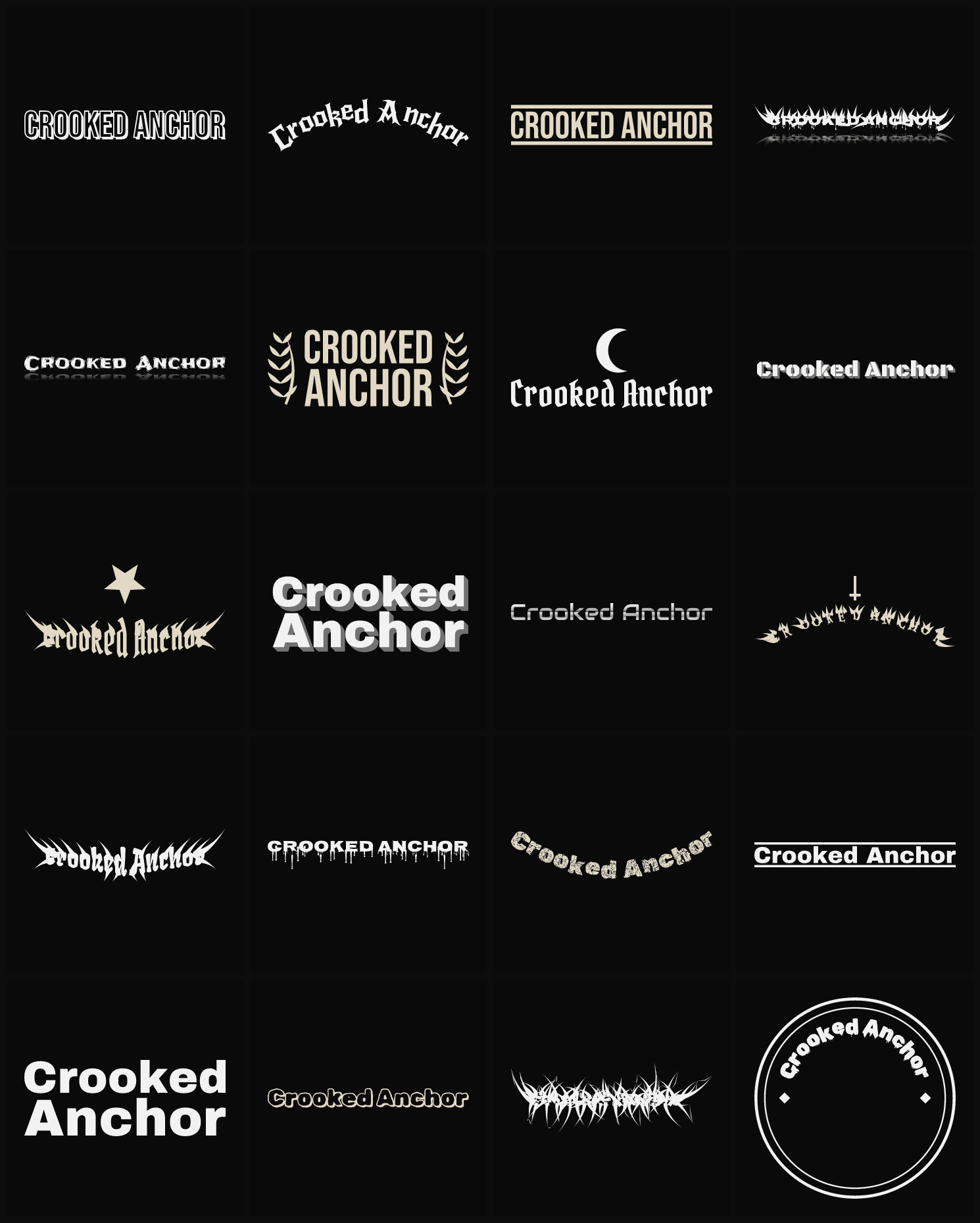 Twenty Crooked Anchor band logo ideas — different faces, treatments and spike settings