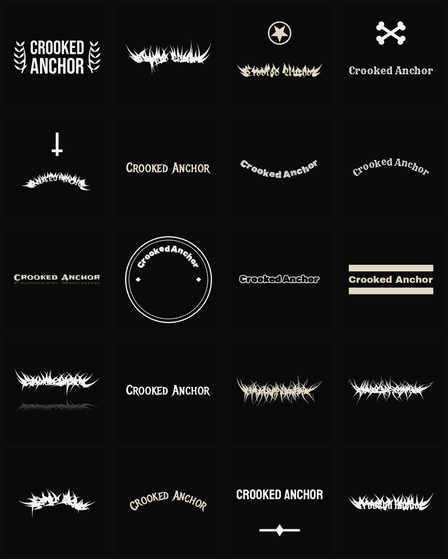 Twenty Crooked Anchor band logo ideas — different faces, treatments and spike settings