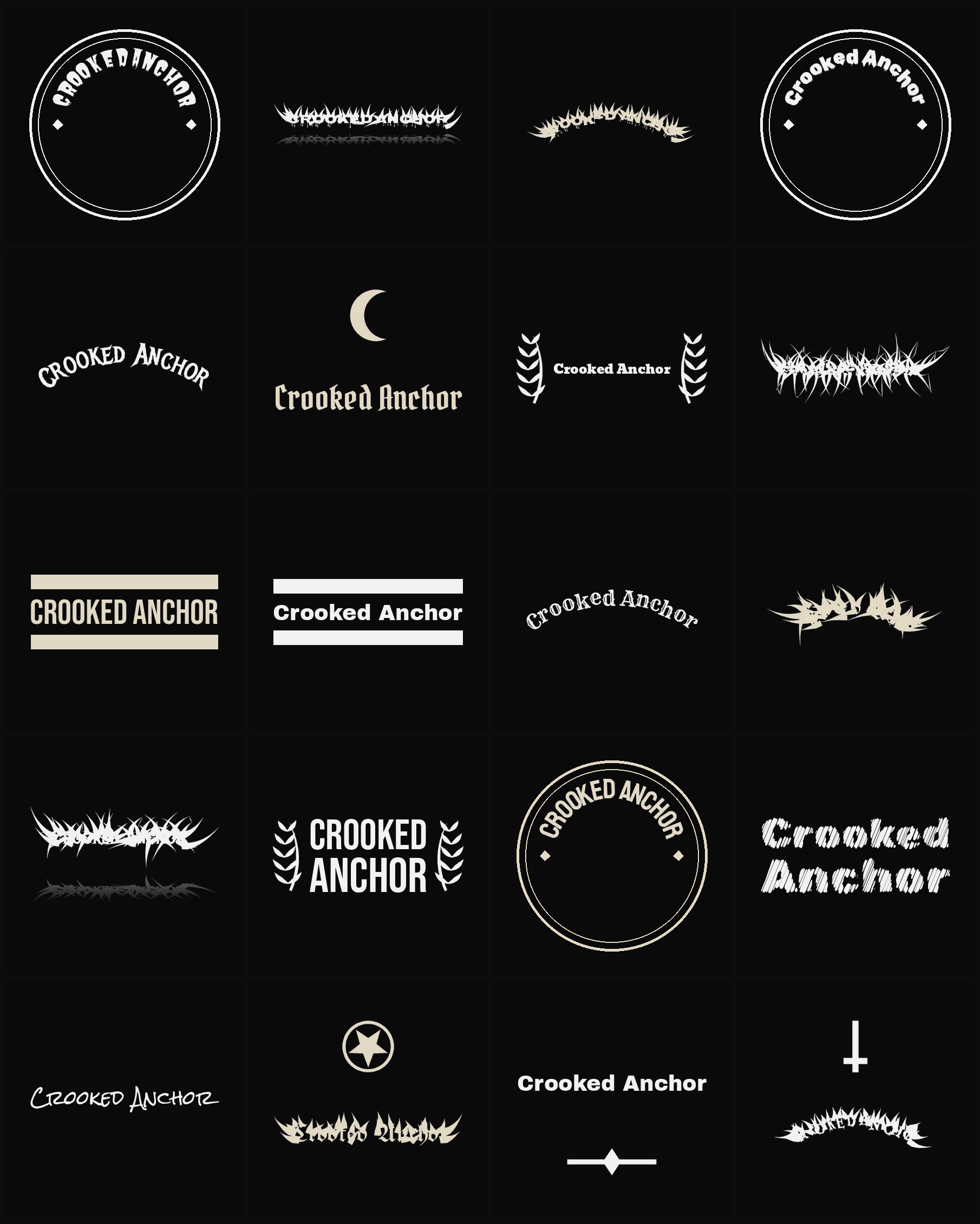 Twenty Crooked Anchor band logo ideas — different faces, treatments and spike settings