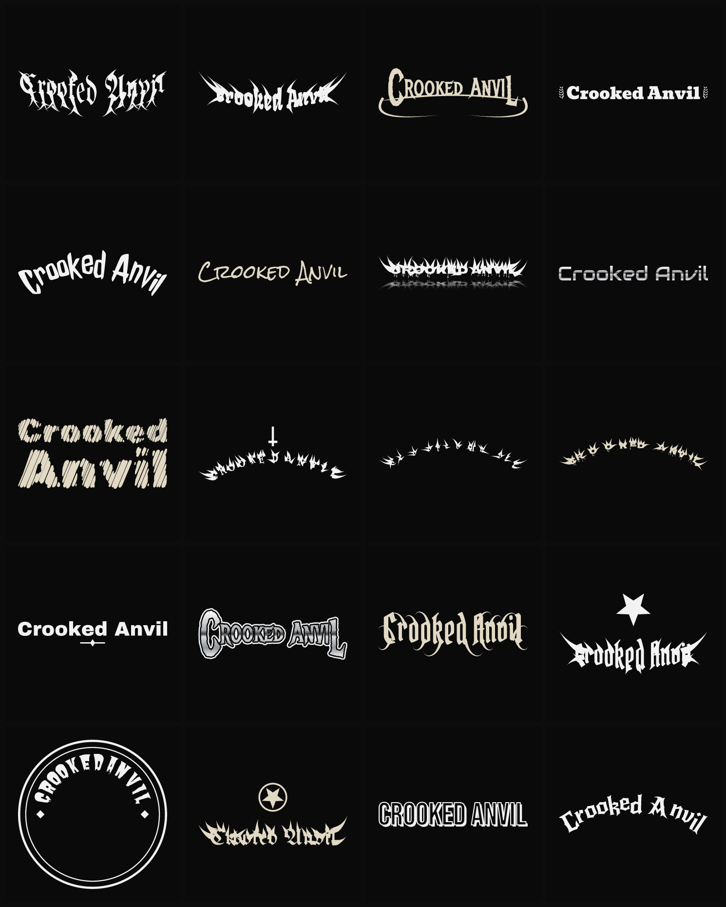 Twenty Crooked Anvil band logo ideas — different faces, treatments and spike settings