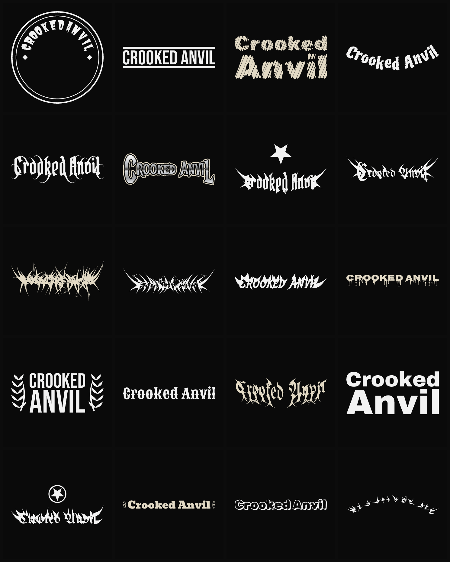 Twenty Crooked Anvil band logo ideas — different faces, treatments and spike settings
