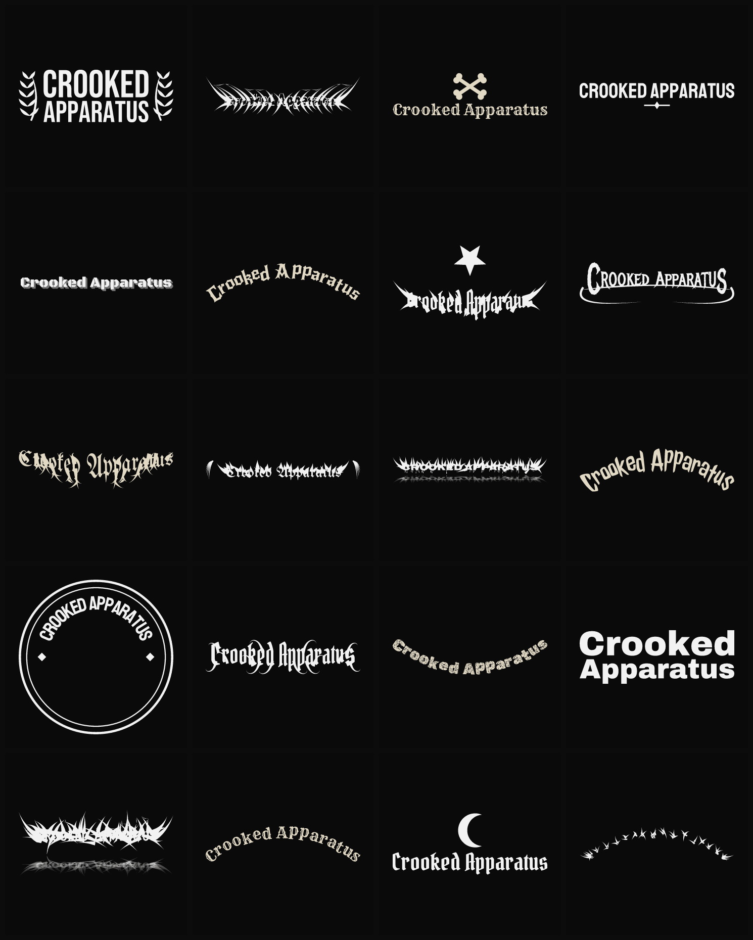 Twenty Crooked Apparatus band logo ideas — different faces, treatments and spike settings