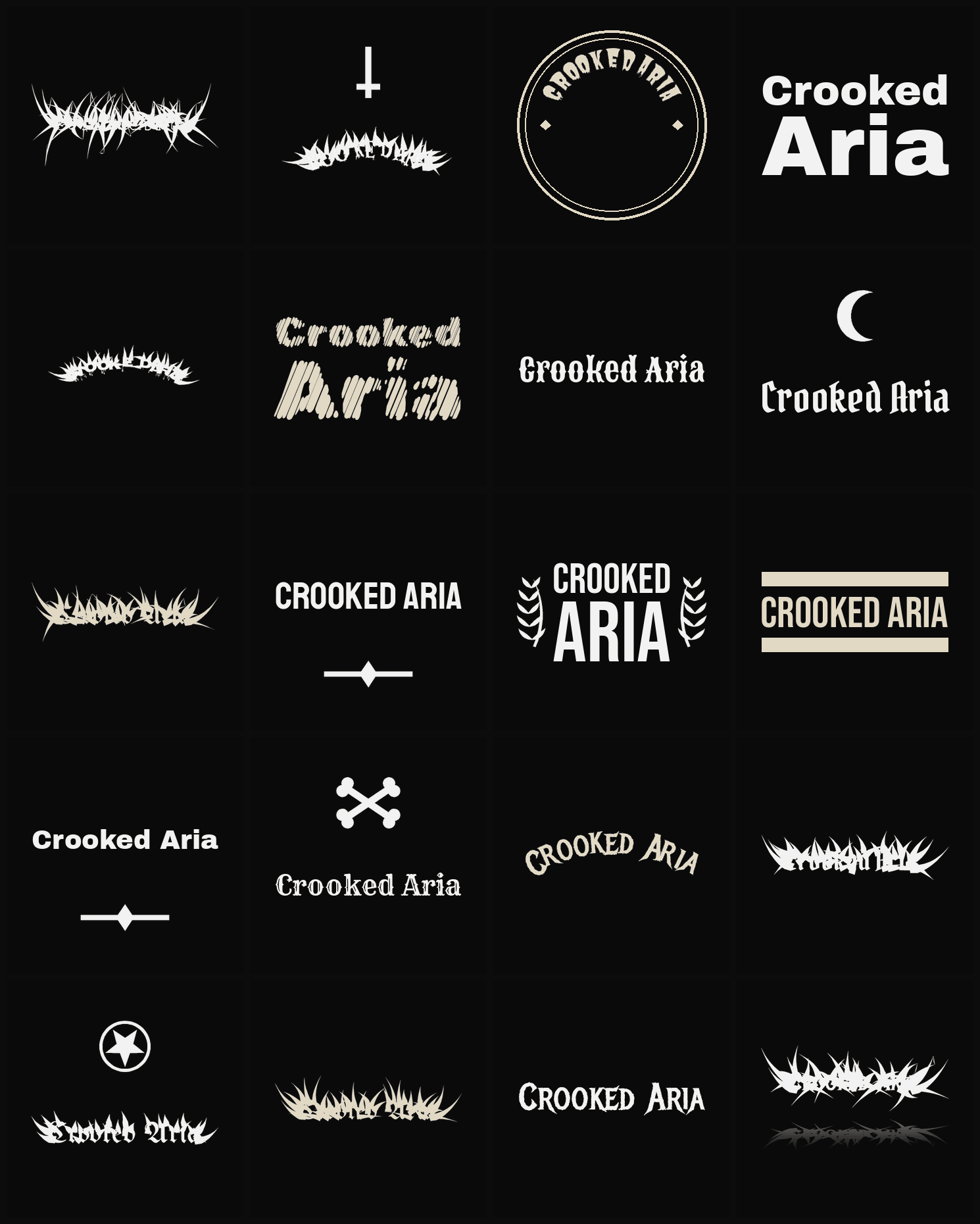 Twenty Crooked Aria band logo ideas — different faces, treatments and spike settings
