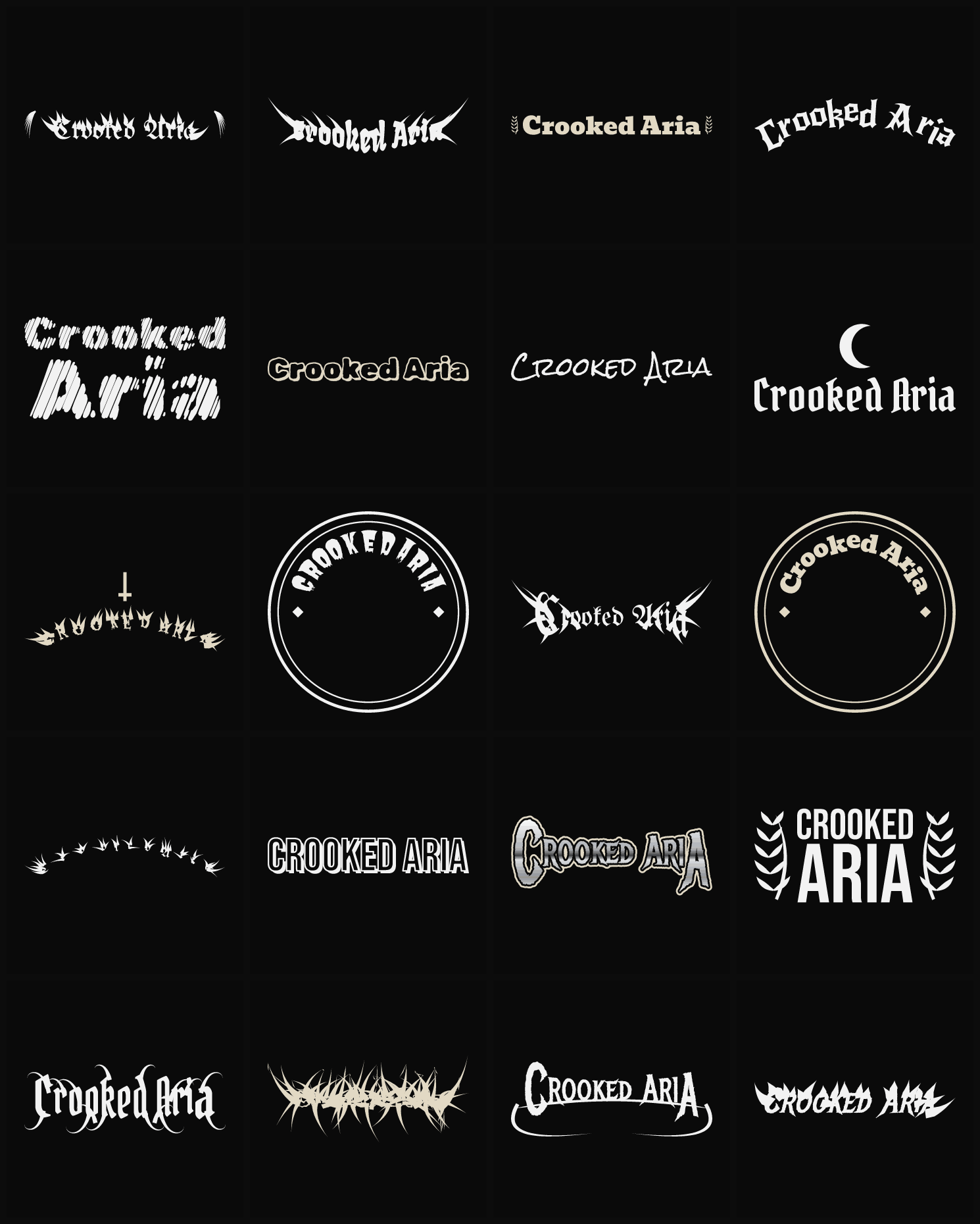 Twenty Crooked Aria band logo ideas — different faces, treatments and spike settings