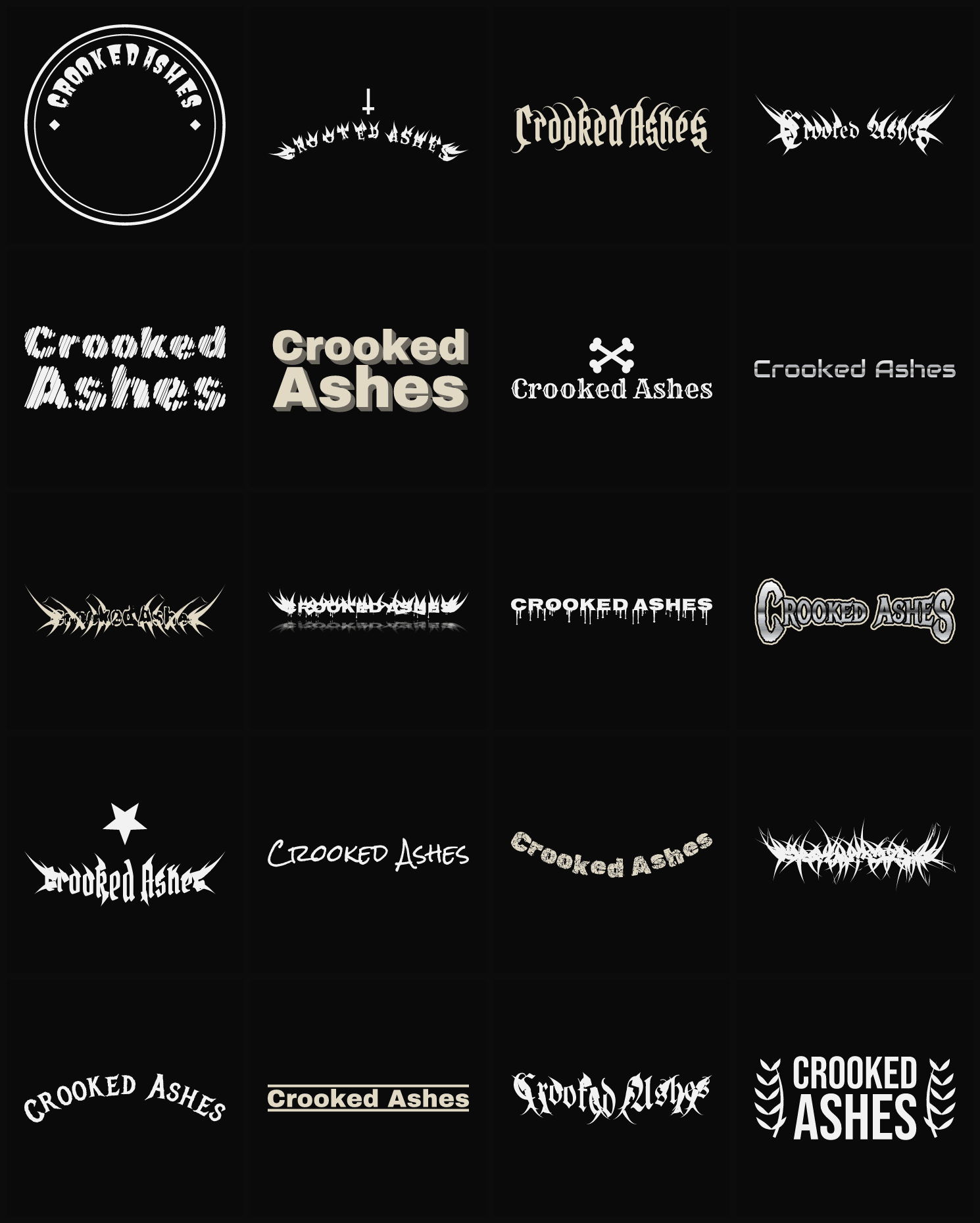 Twenty Crooked Ashes band logo ideas — different faces, treatments and spike settings