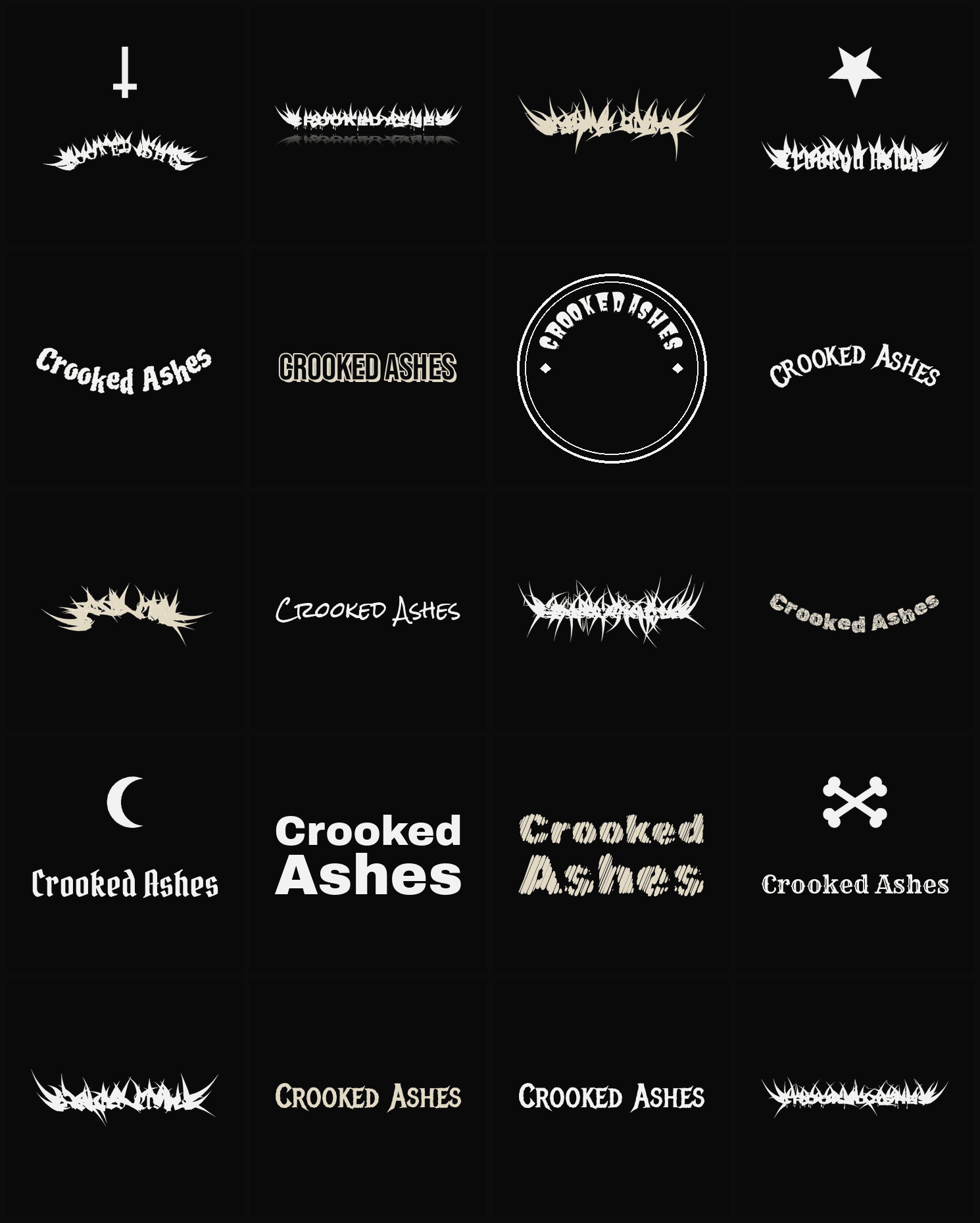 Twenty Crooked Ashes band logo ideas — different faces, treatments and spike settings