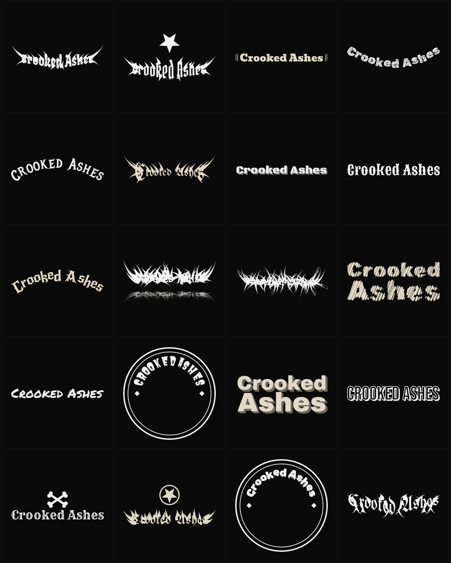 Twenty Crooked Ashes band logo ideas — different faces, treatments and spike settings
