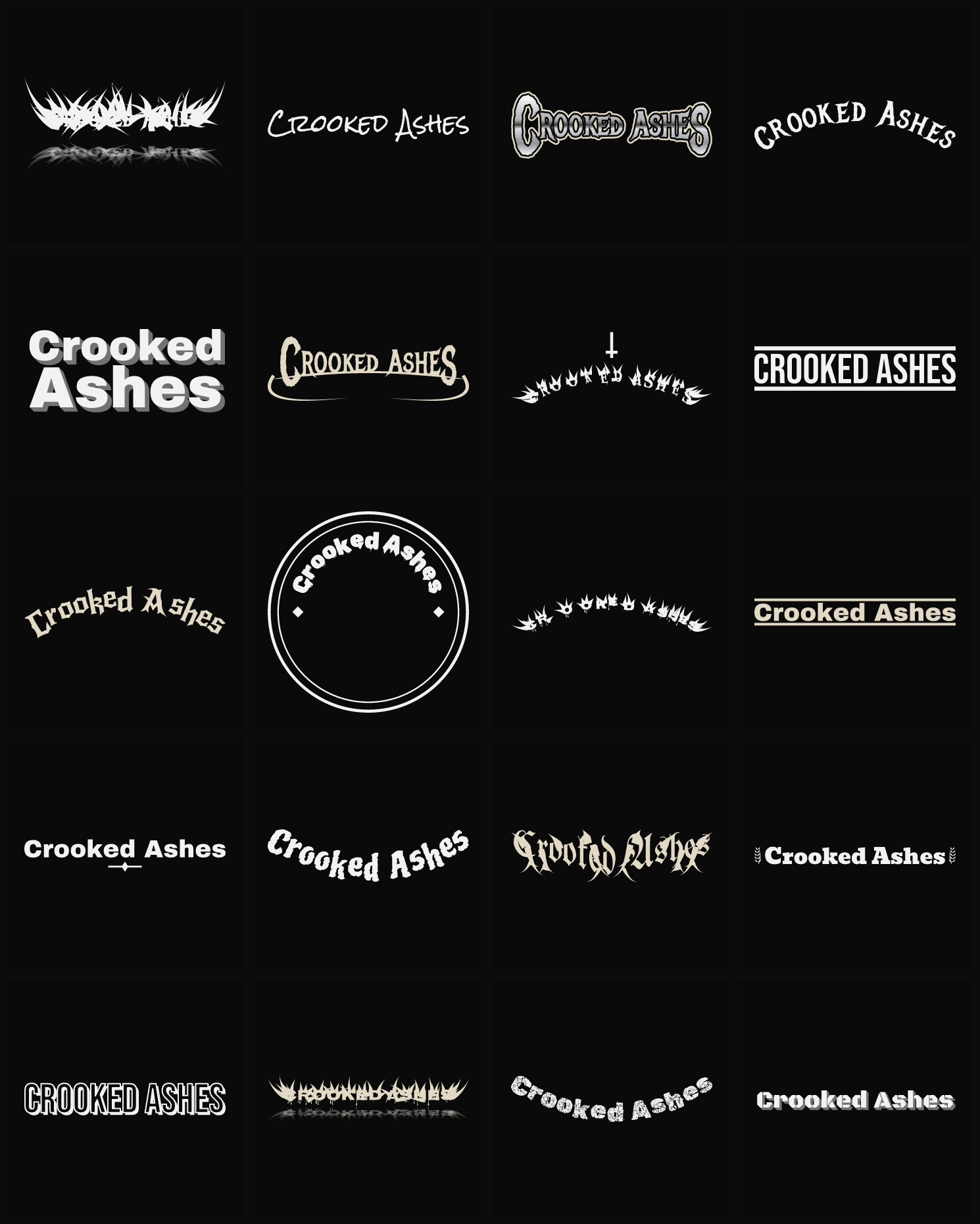 Twenty Crooked Ashes band logo ideas — different faces, treatments and spike settings