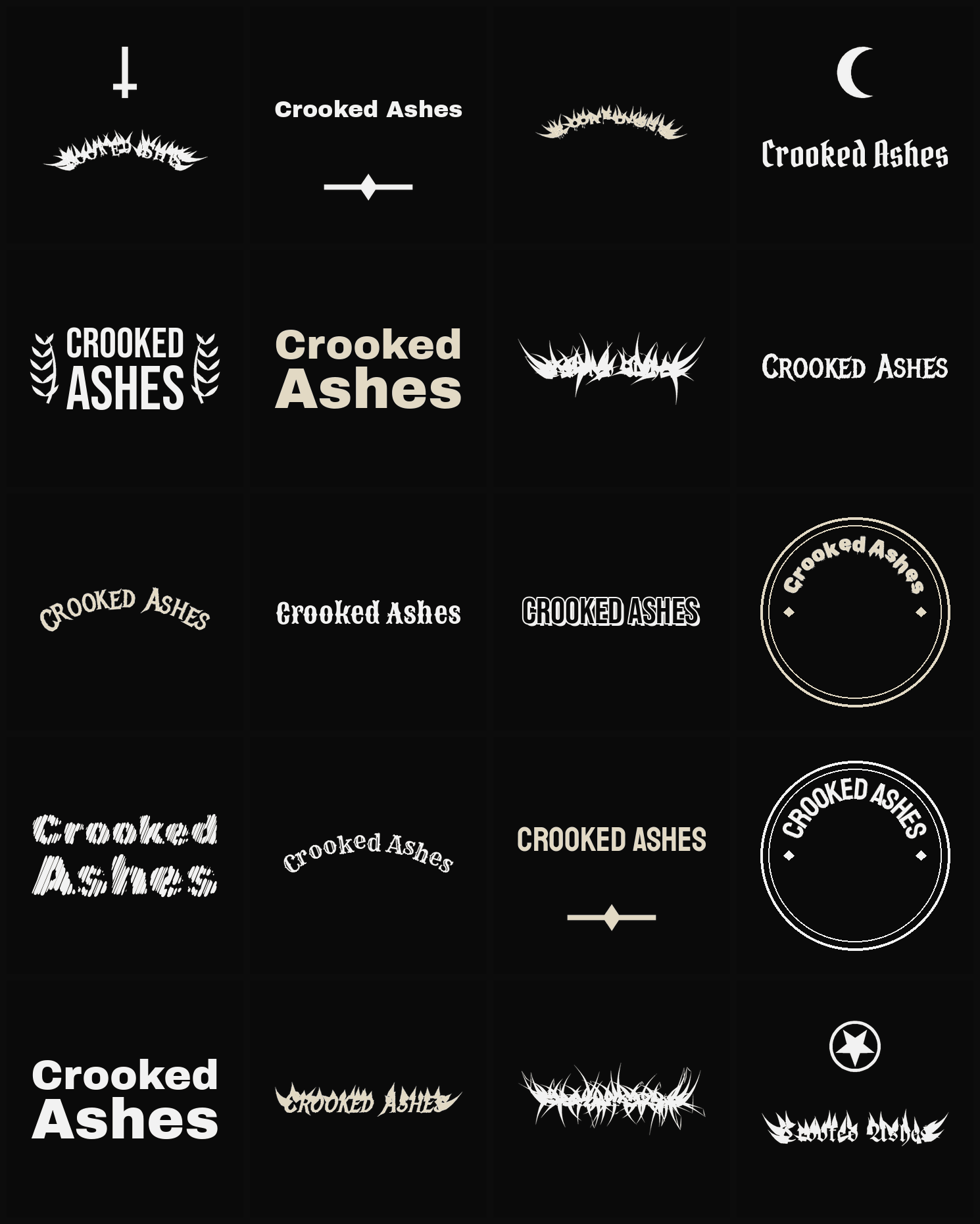 Twenty Crooked Ashes band logo ideas — different faces, treatments and spike settings