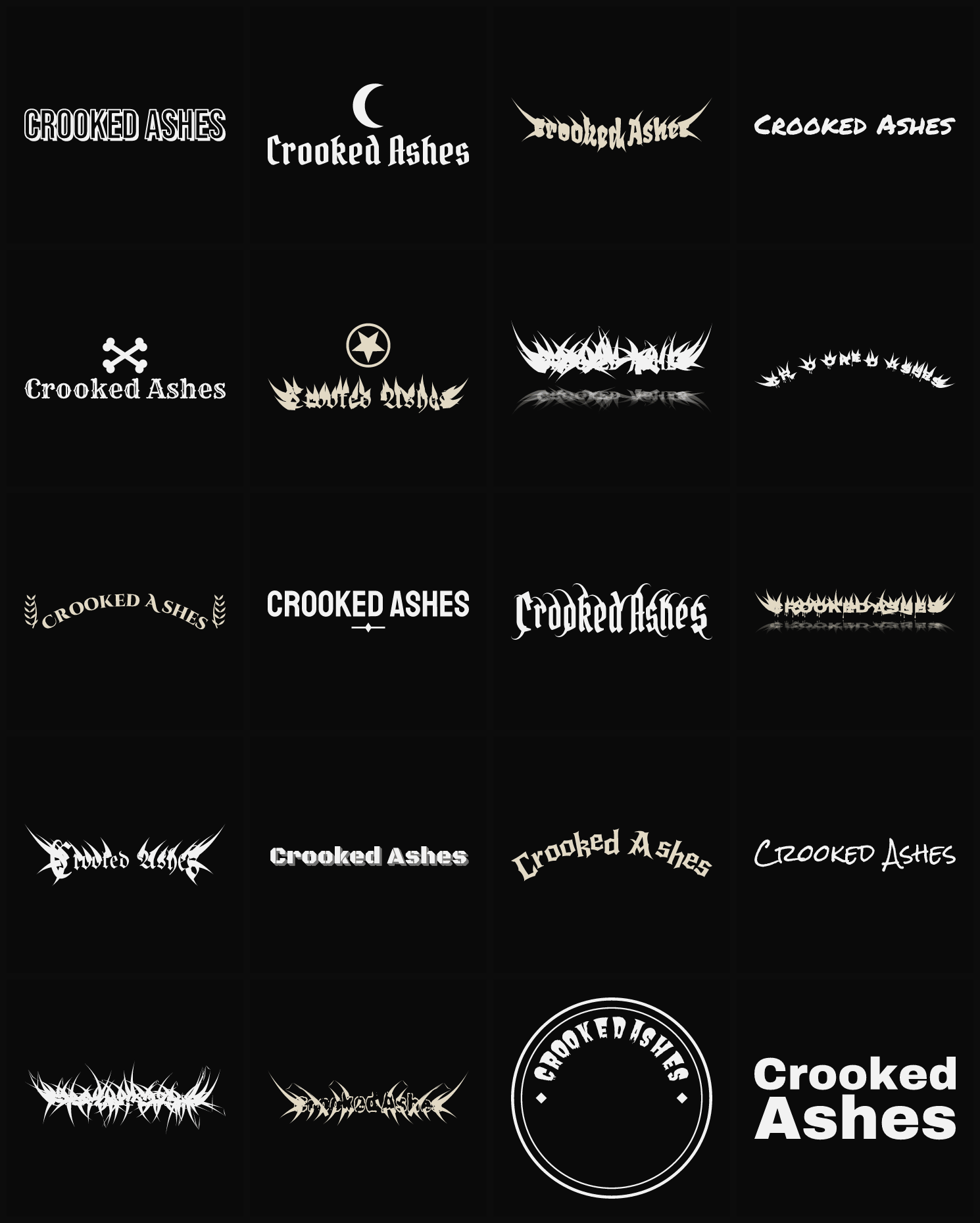 Twenty Crooked Ashes band logo ideas — different faces, treatments and spike settings