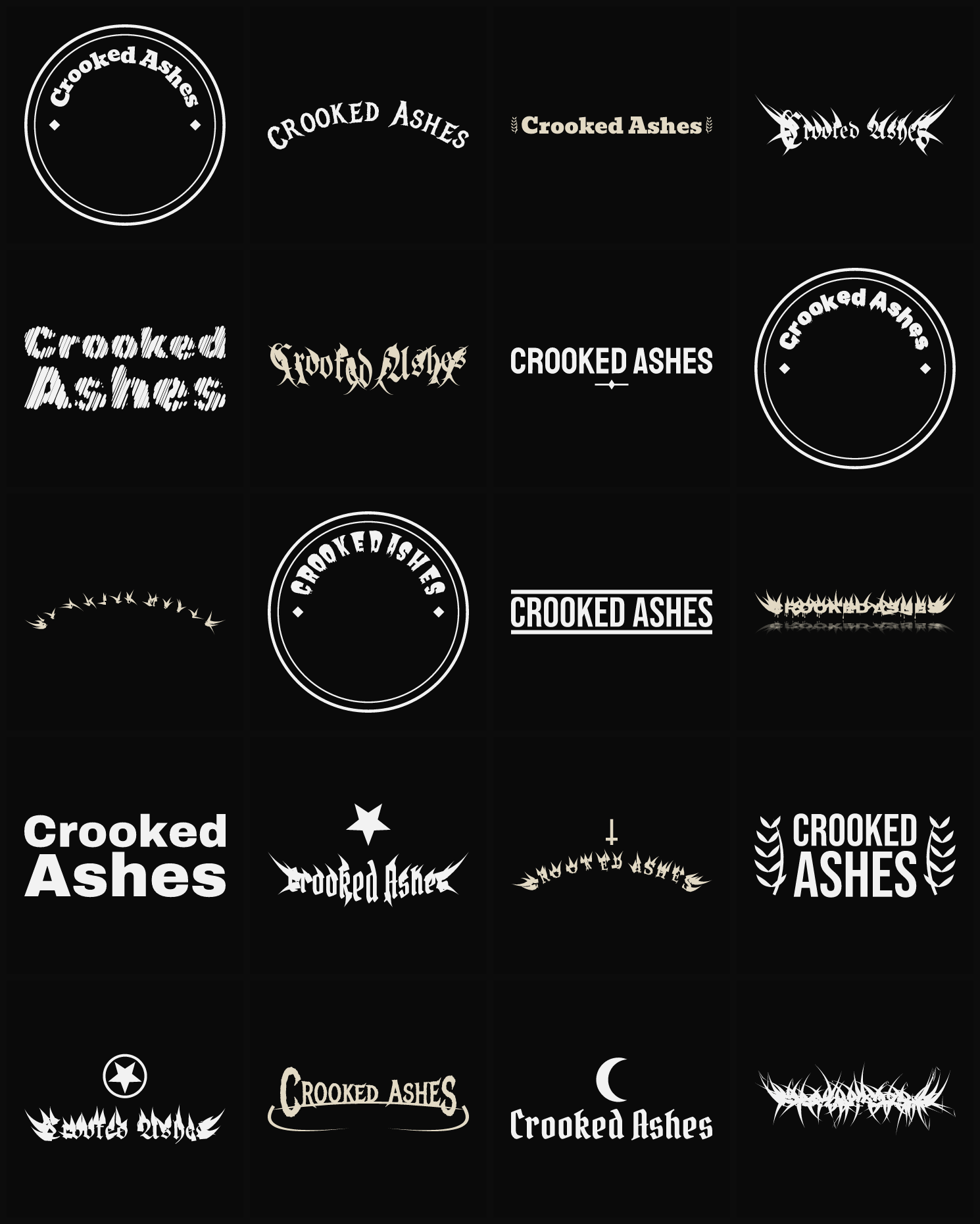Twenty Crooked Ashes band logo ideas — different faces, treatments and spike settings