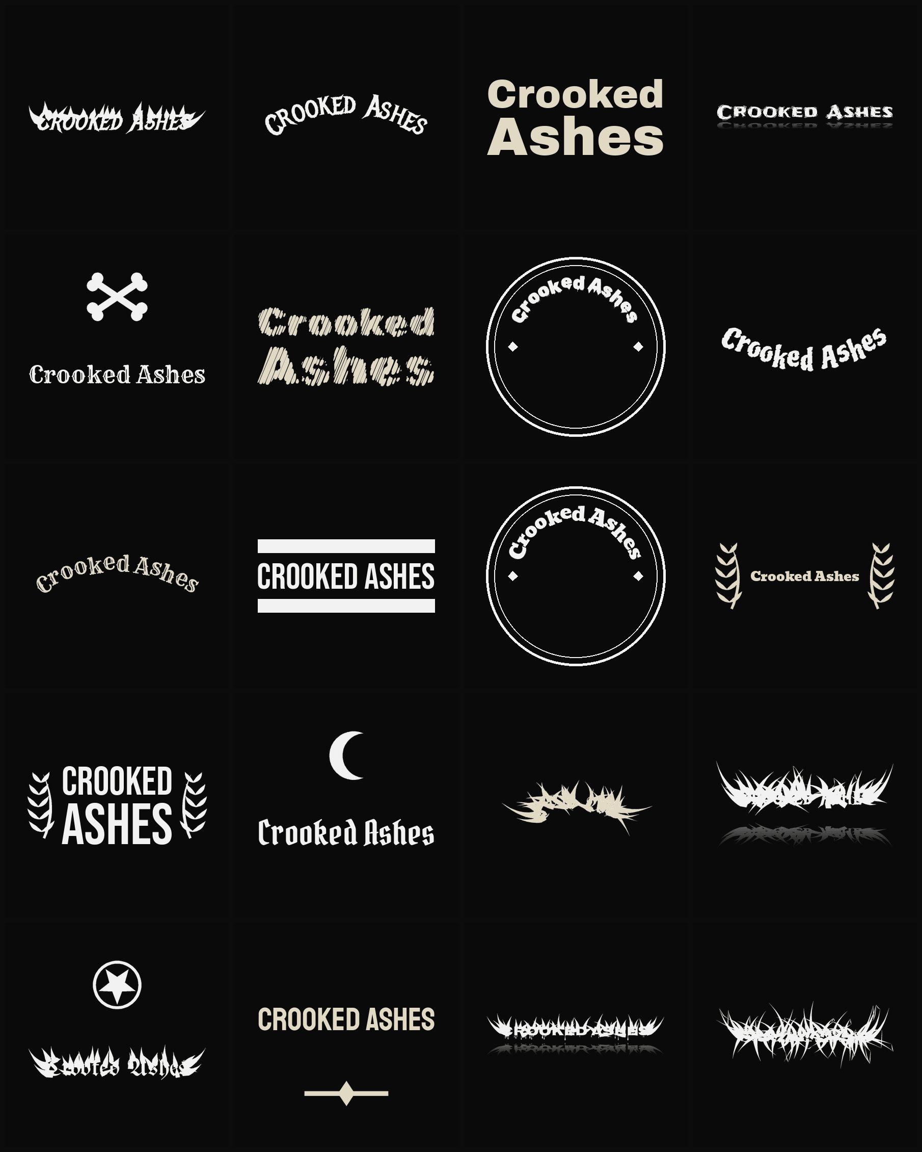 Twenty Crooked Ashes band logo ideas — different faces, treatments and spike settings