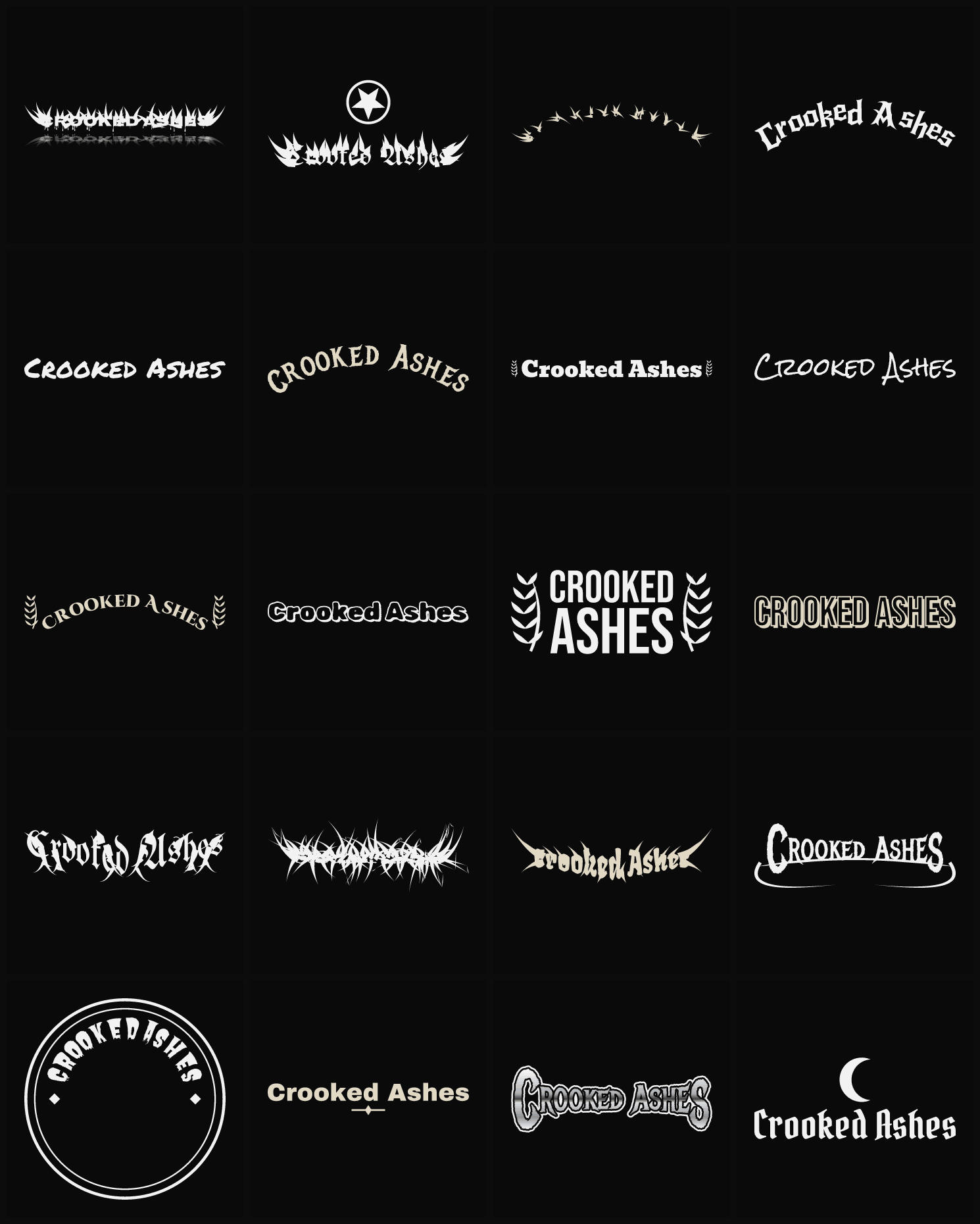 Twenty Crooked Ashes band logo ideas — different faces, treatments and spike settings
