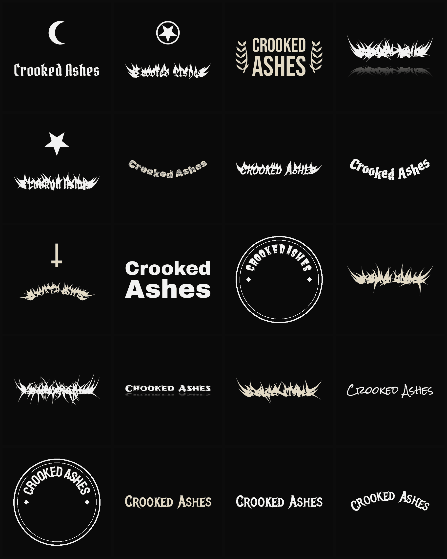 Twenty Crooked Ashes band logo ideas — different faces, treatments and spike settings