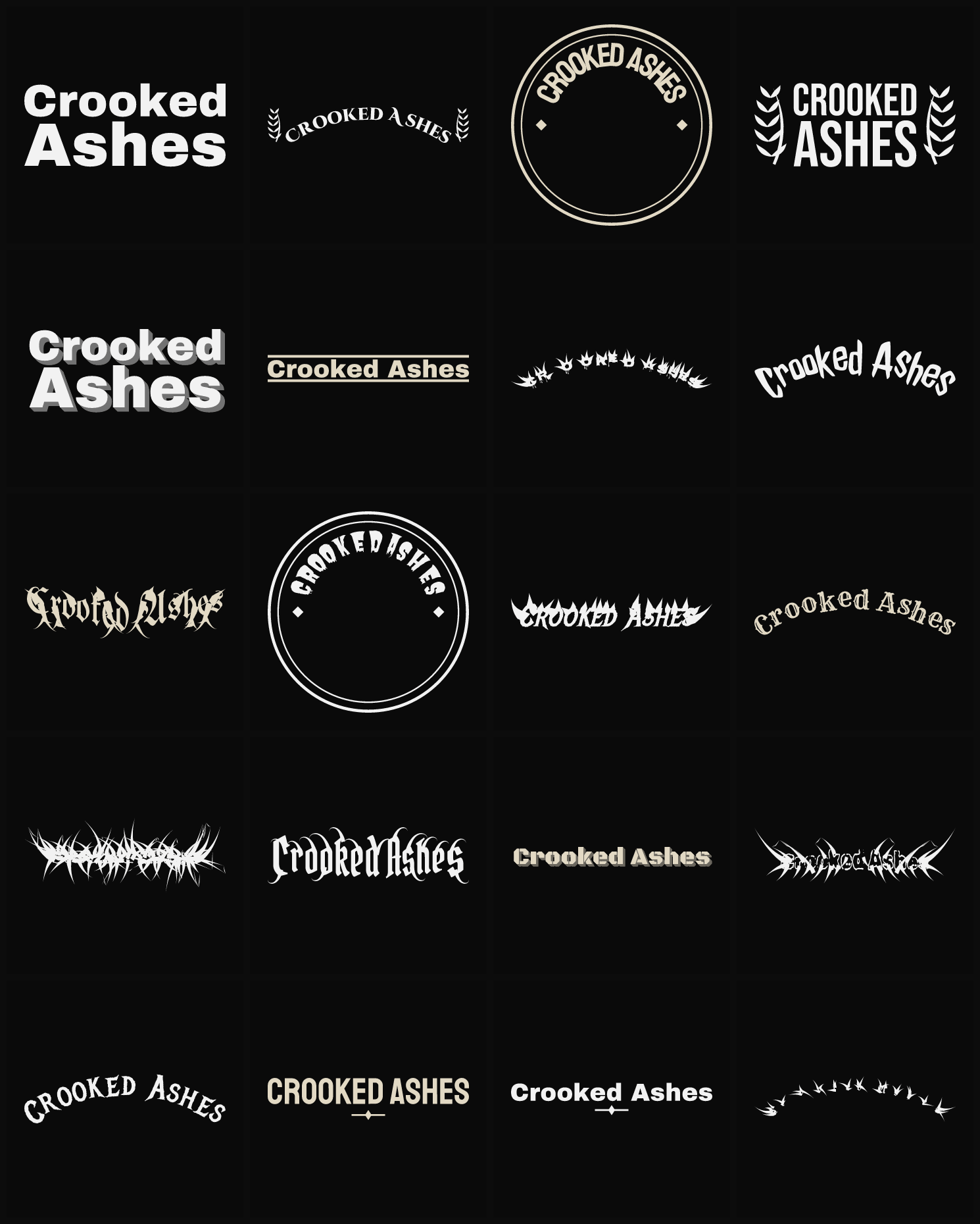 Twenty Crooked Ashes band logo ideas — different faces, treatments and spike settings
