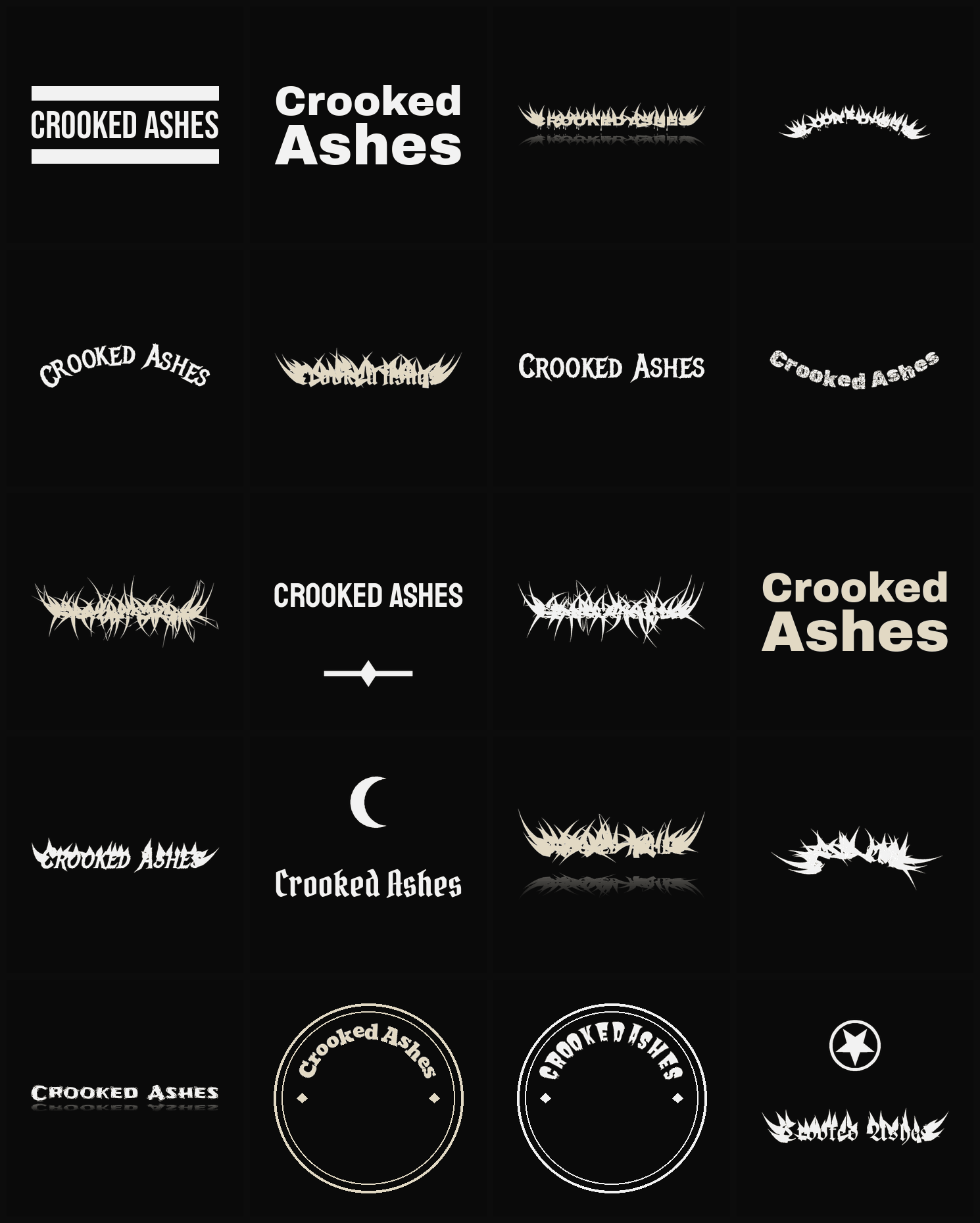 Twenty Crooked Ashes band logo ideas — different faces, treatments and spike settings