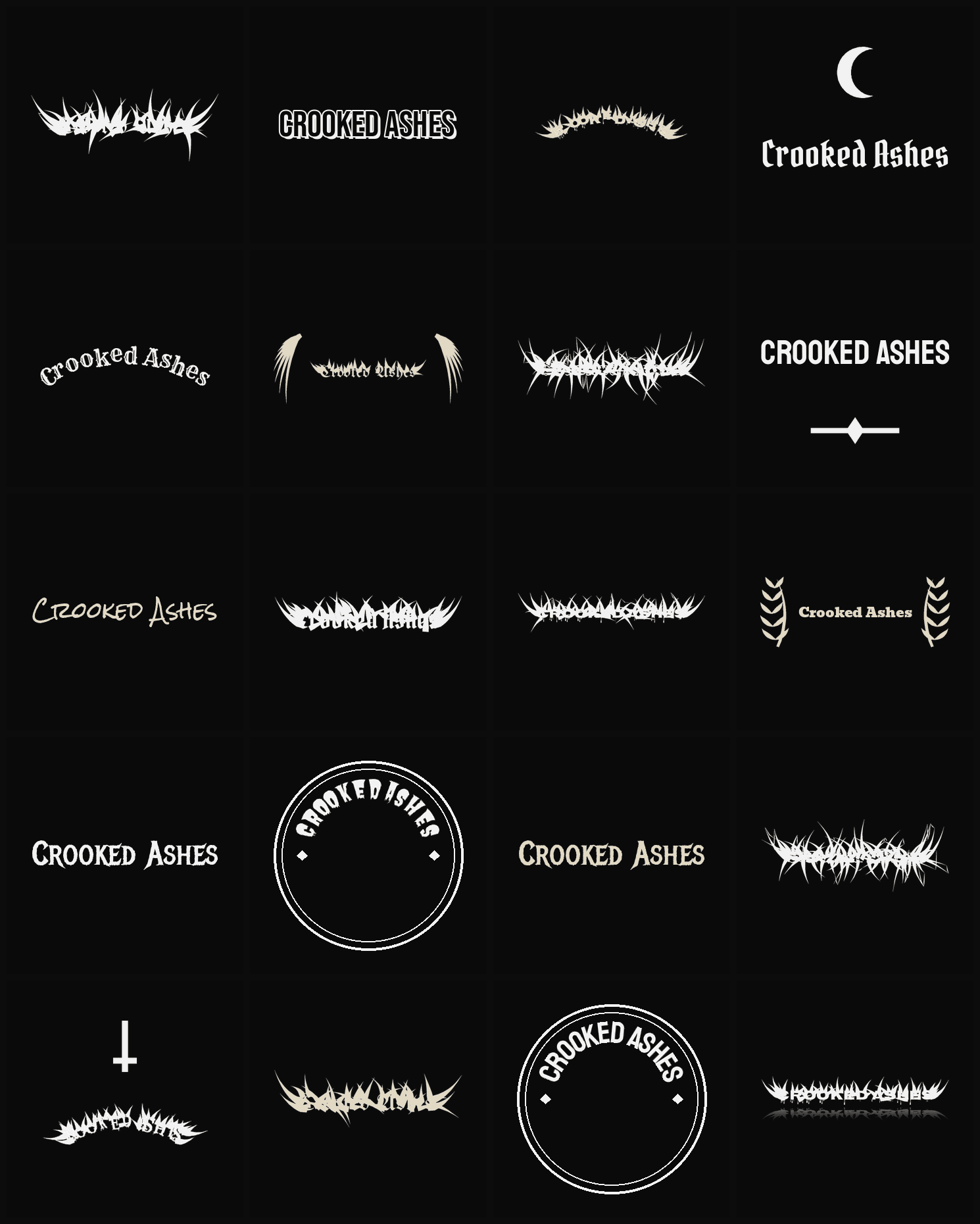 Twenty Crooked Ashes band logo ideas — different faces, treatments and spike settings
