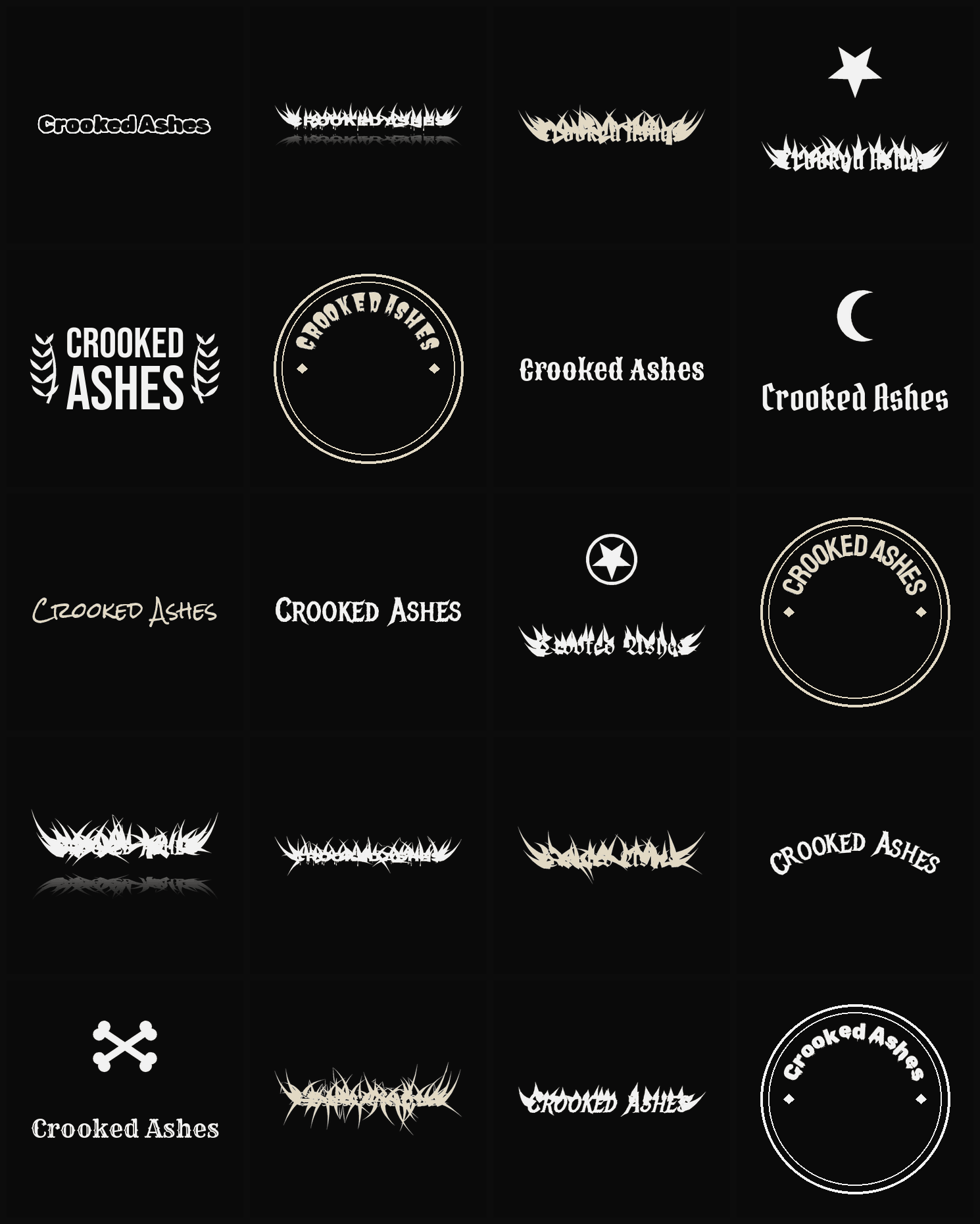 Twenty Crooked Ashes band logo ideas — different faces, treatments and spike settings