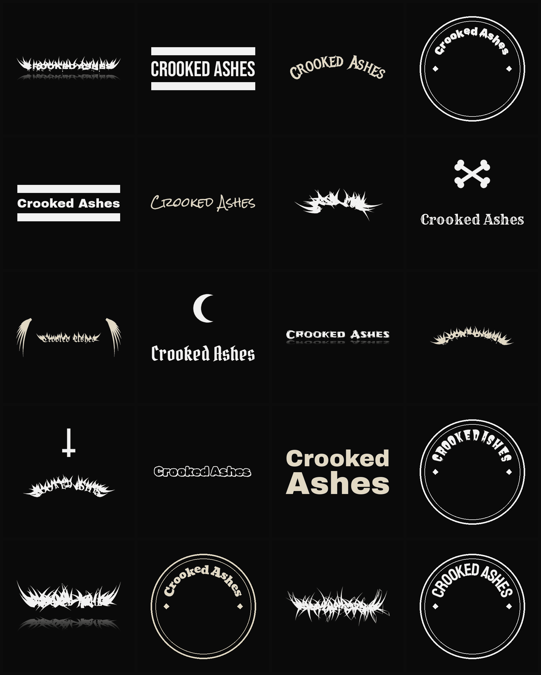 Twenty Crooked Ashes band logo ideas — different faces, treatments and spike settings