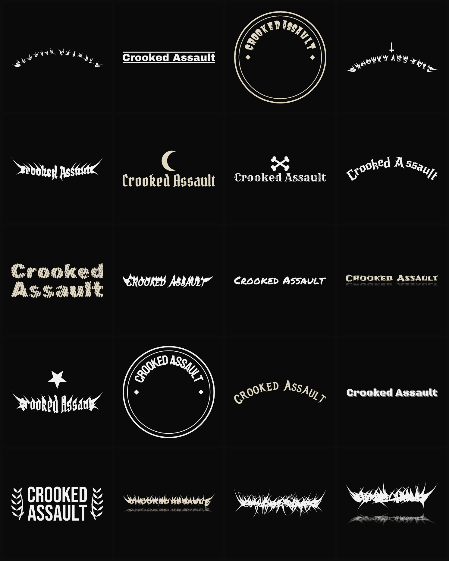 Twenty Crooked Assault band logo ideas — different faces, treatments and spike settings