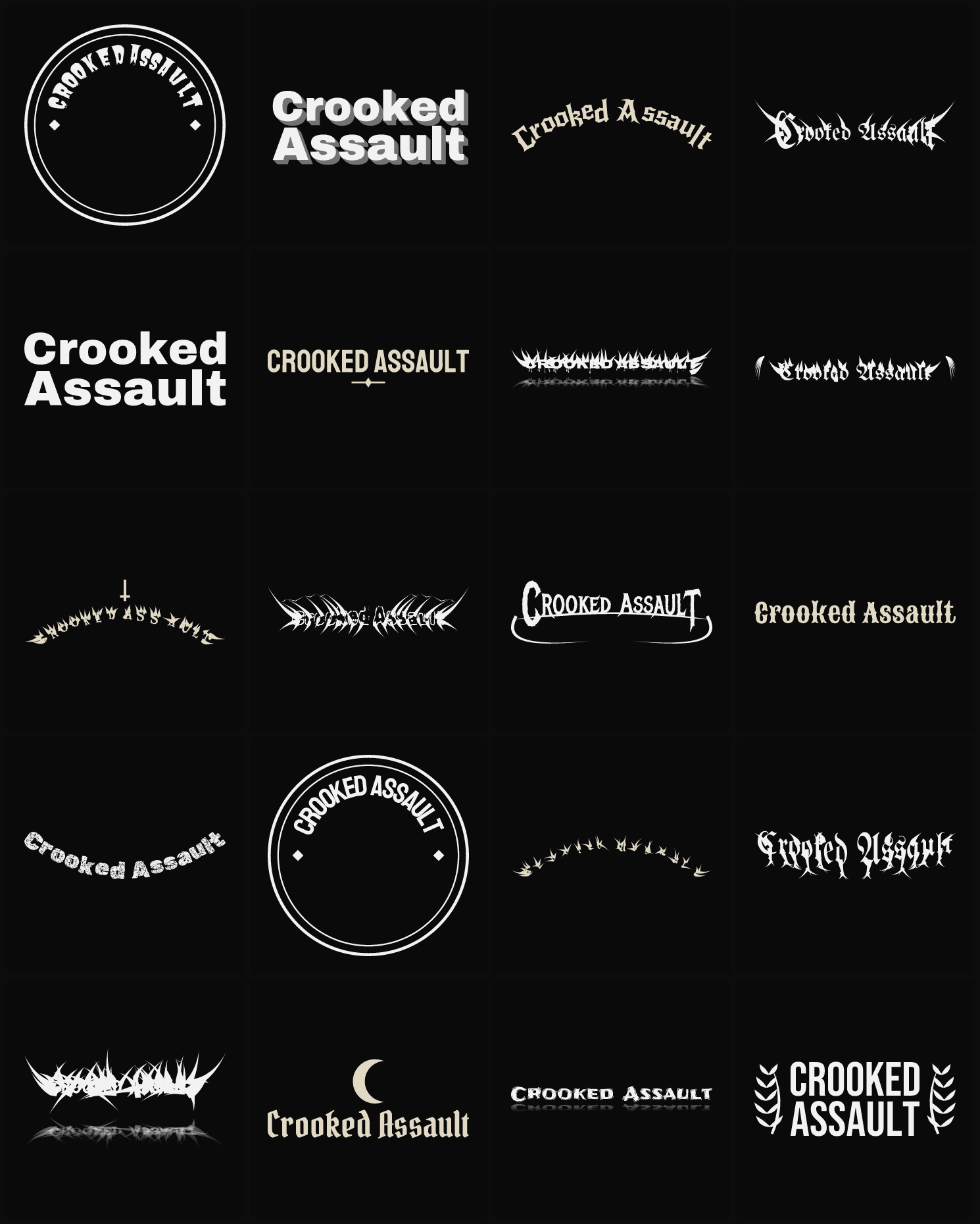 Twenty Crooked Assault band logo ideas — different faces, treatments and spike settings