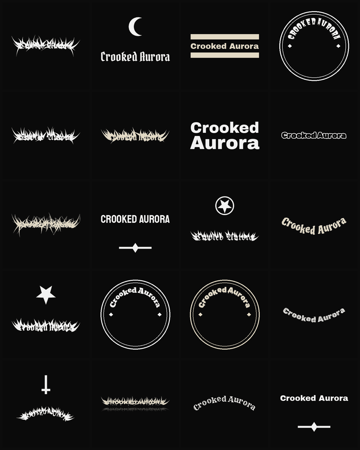 Twenty Crooked Aurora band logo ideas — different faces, treatments and spike settings
