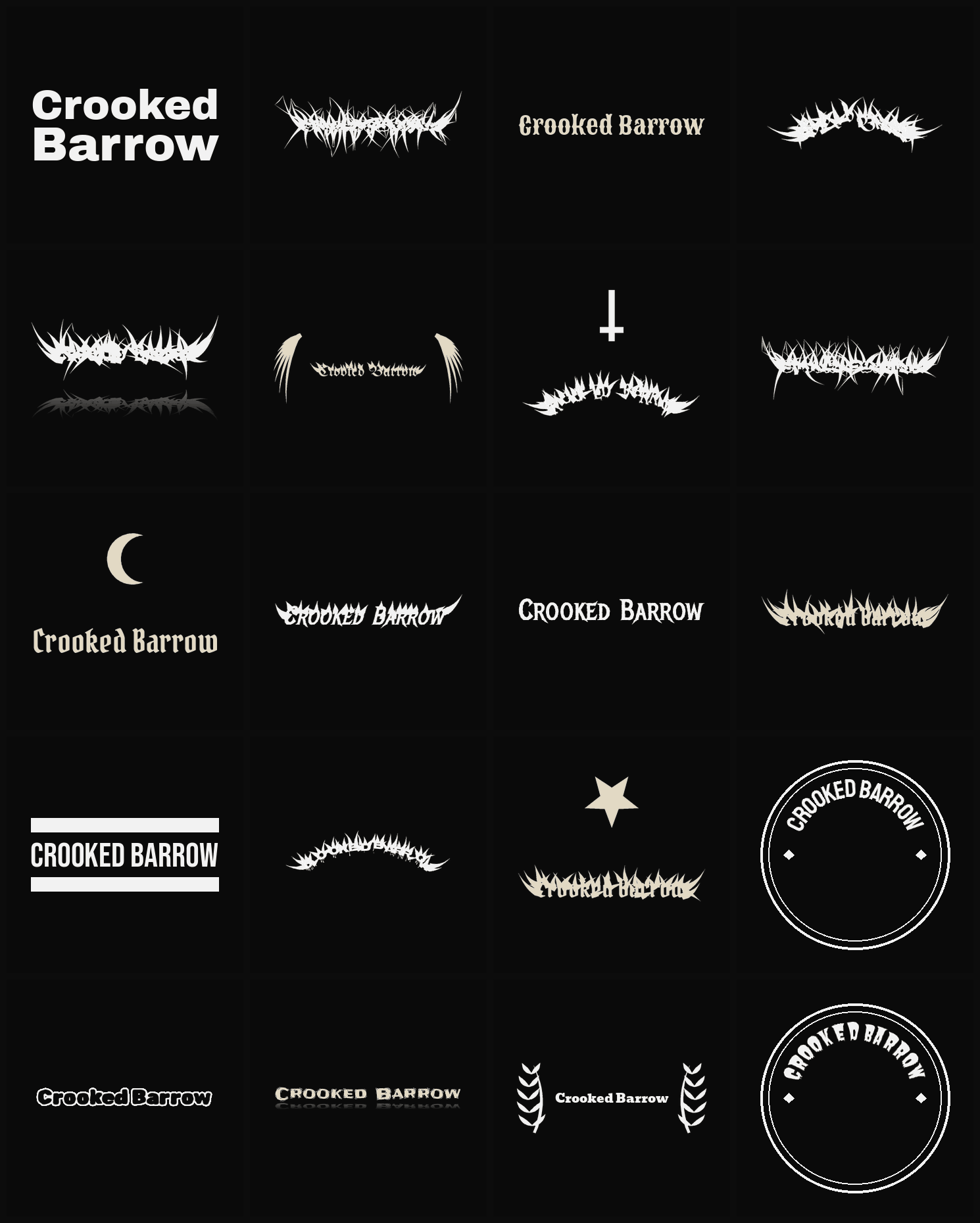 Twenty Crooked Barrow band logo ideas — different faces, treatments and spike settings