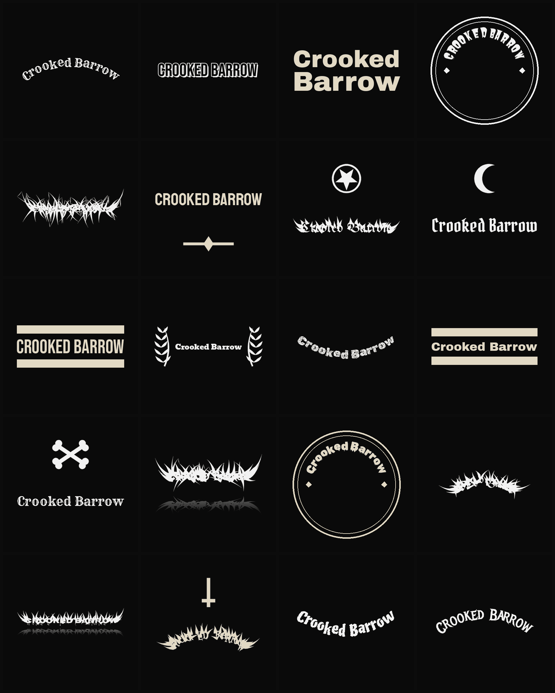 Twenty Crooked Barrow band logo ideas — different faces, treatments and spike settings