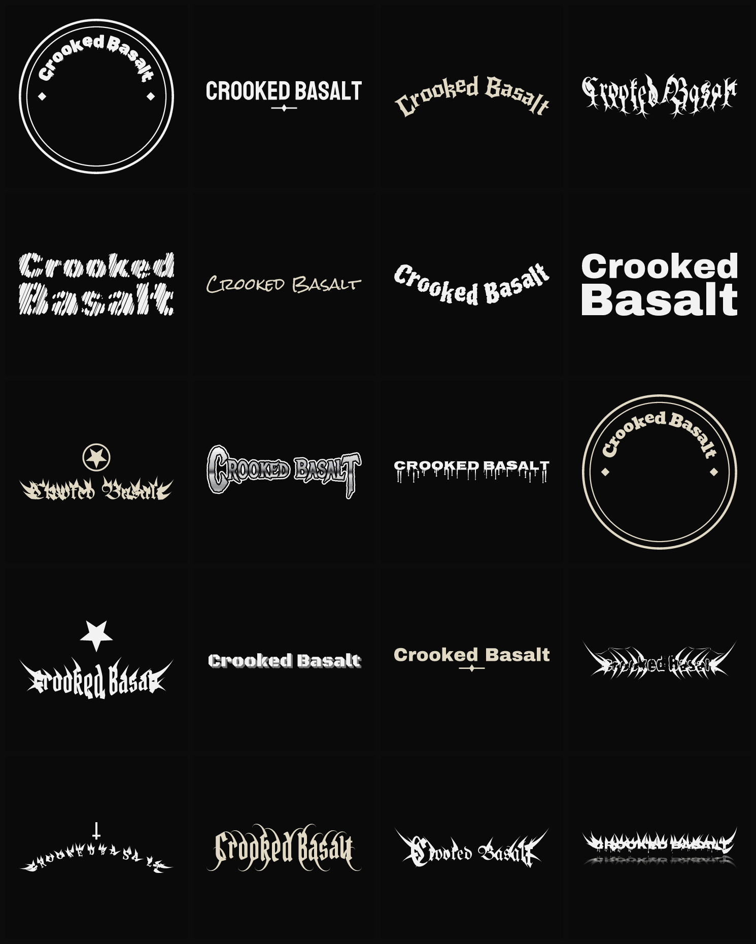 Twenty Crooked Basalt band logo ideas — different faces, treatments and spike settings