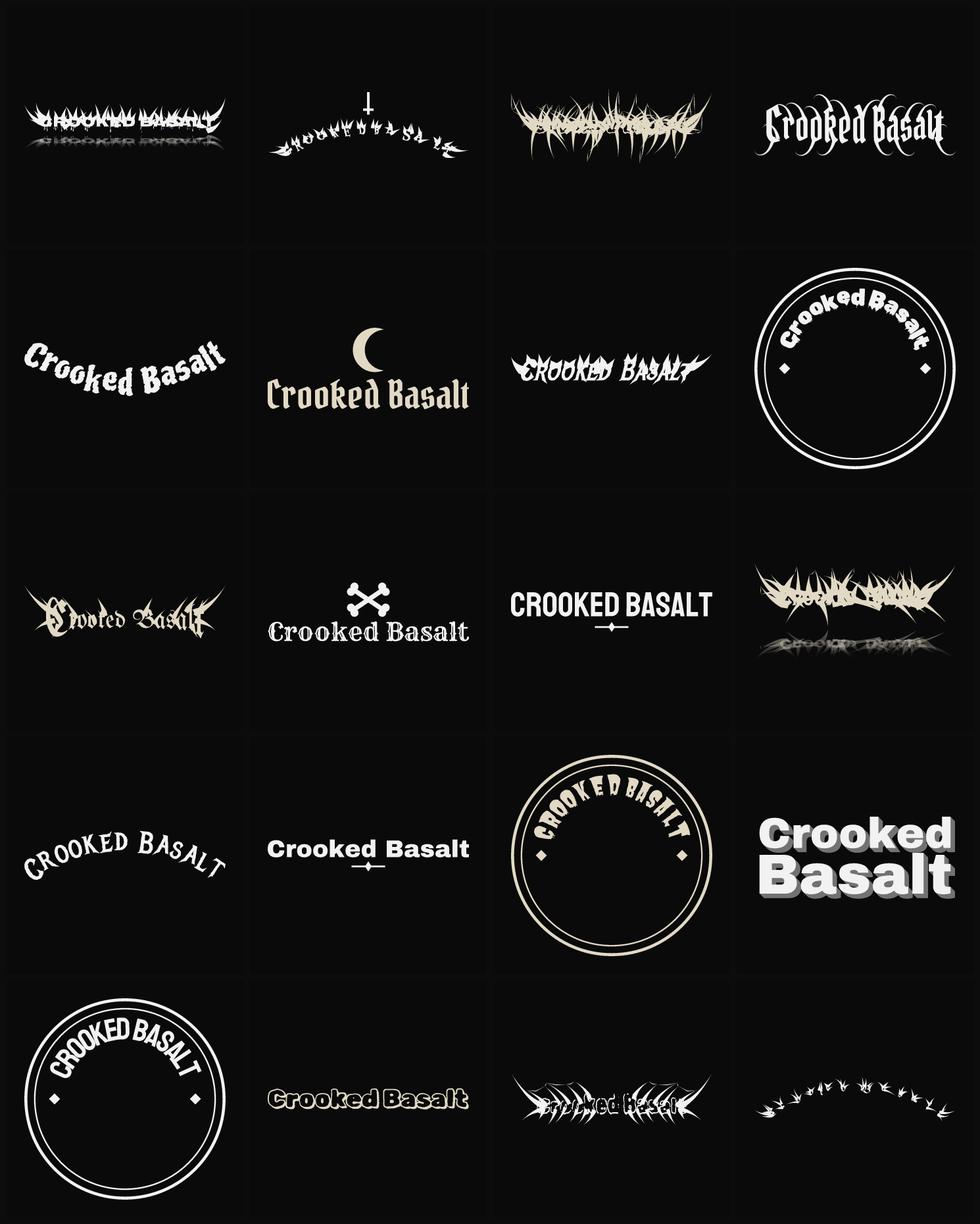 Twenty Crooked Basalt band logo ideas — different faces, treatments and spike settings
