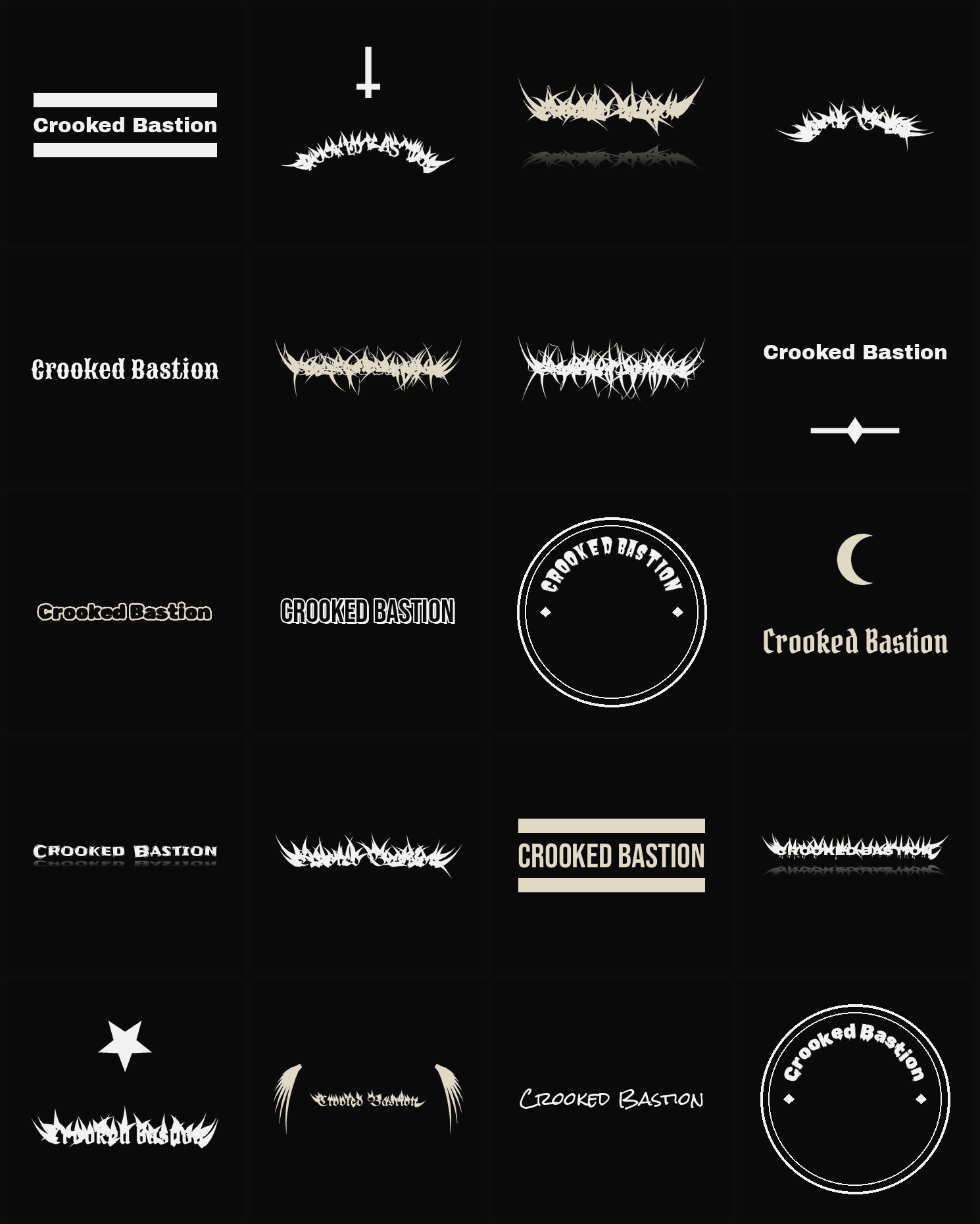 Twenty Crooked Bastion band logo ideas — different faces, treatments and spike settings