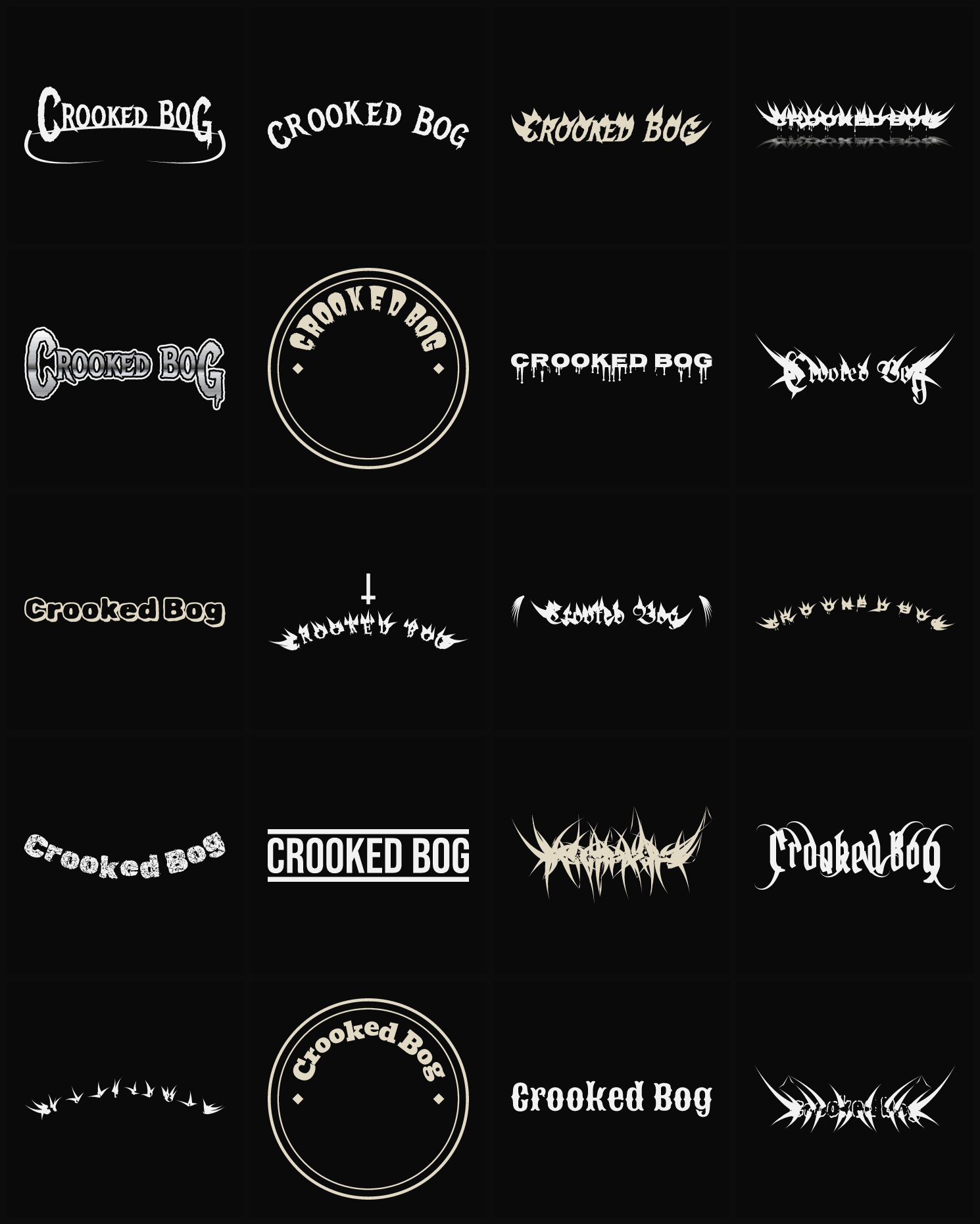 Twenty Crooked Bog band logo ideas — different faces, treatments and spike settings