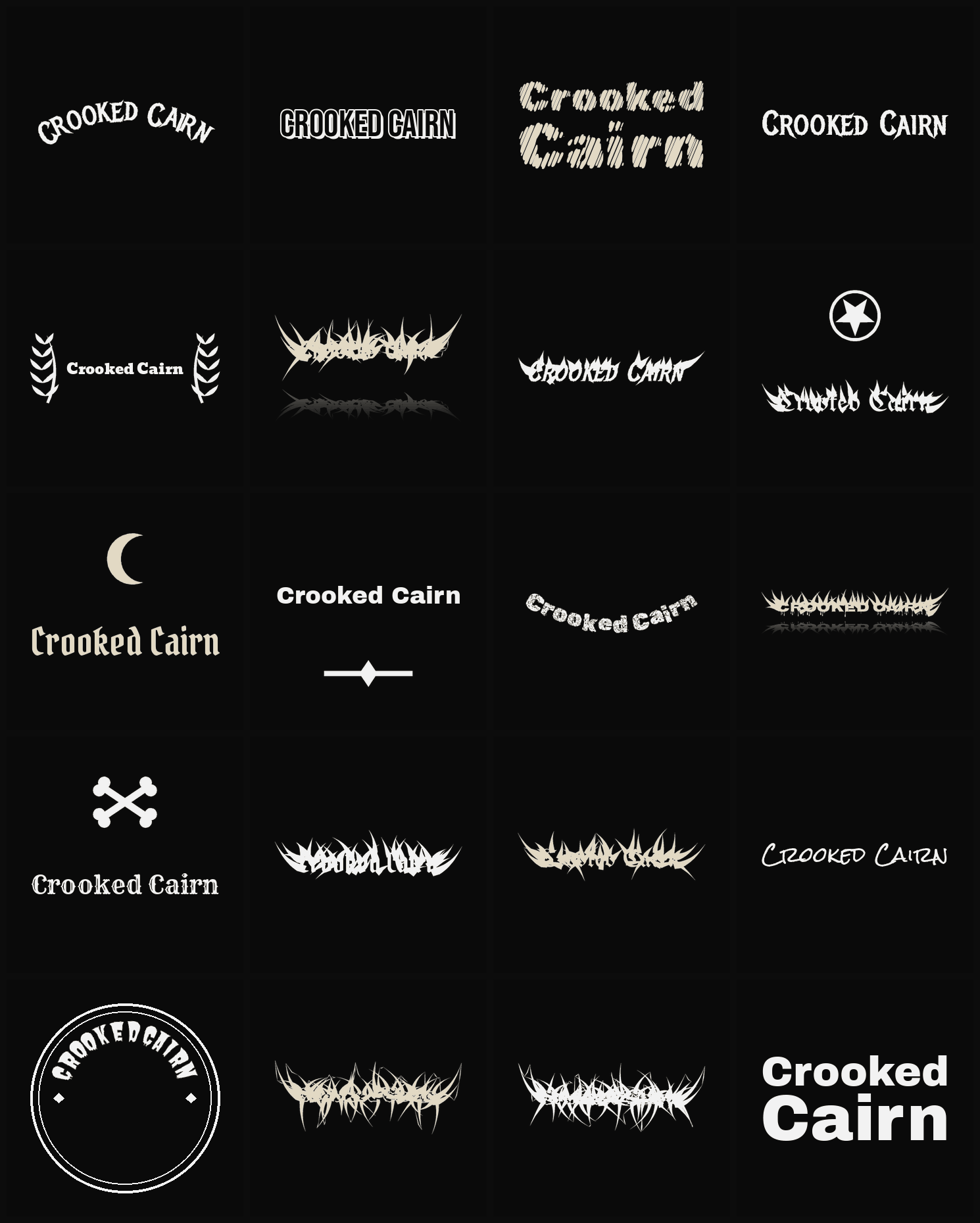 Twenty Crooked Cairn band logo ideas — different faces, treatments and spike settings