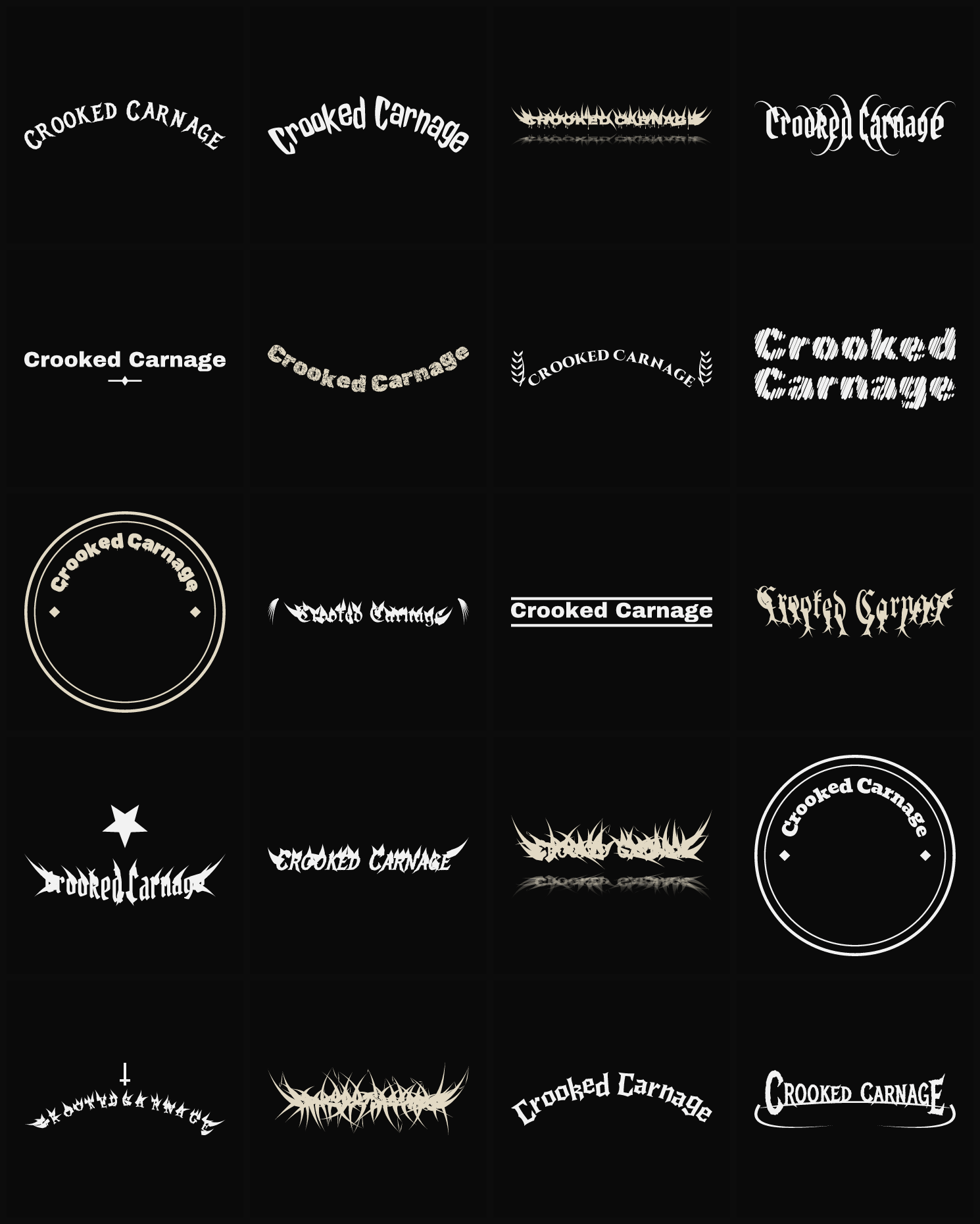 Twenty Crooked Carnage band logo ideas — different faces, treatments and spike settings
