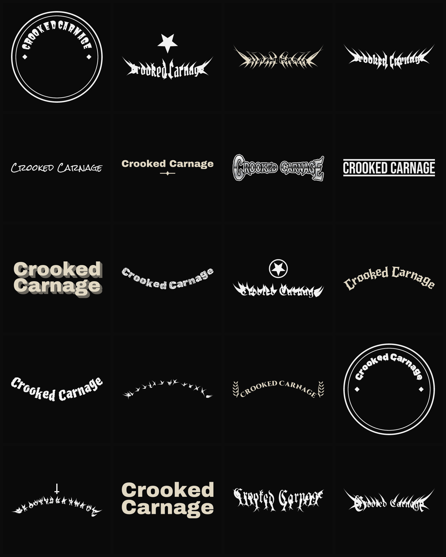 Twenty Crooked Carnage band logo ideas — different faces, treatments and spike settings