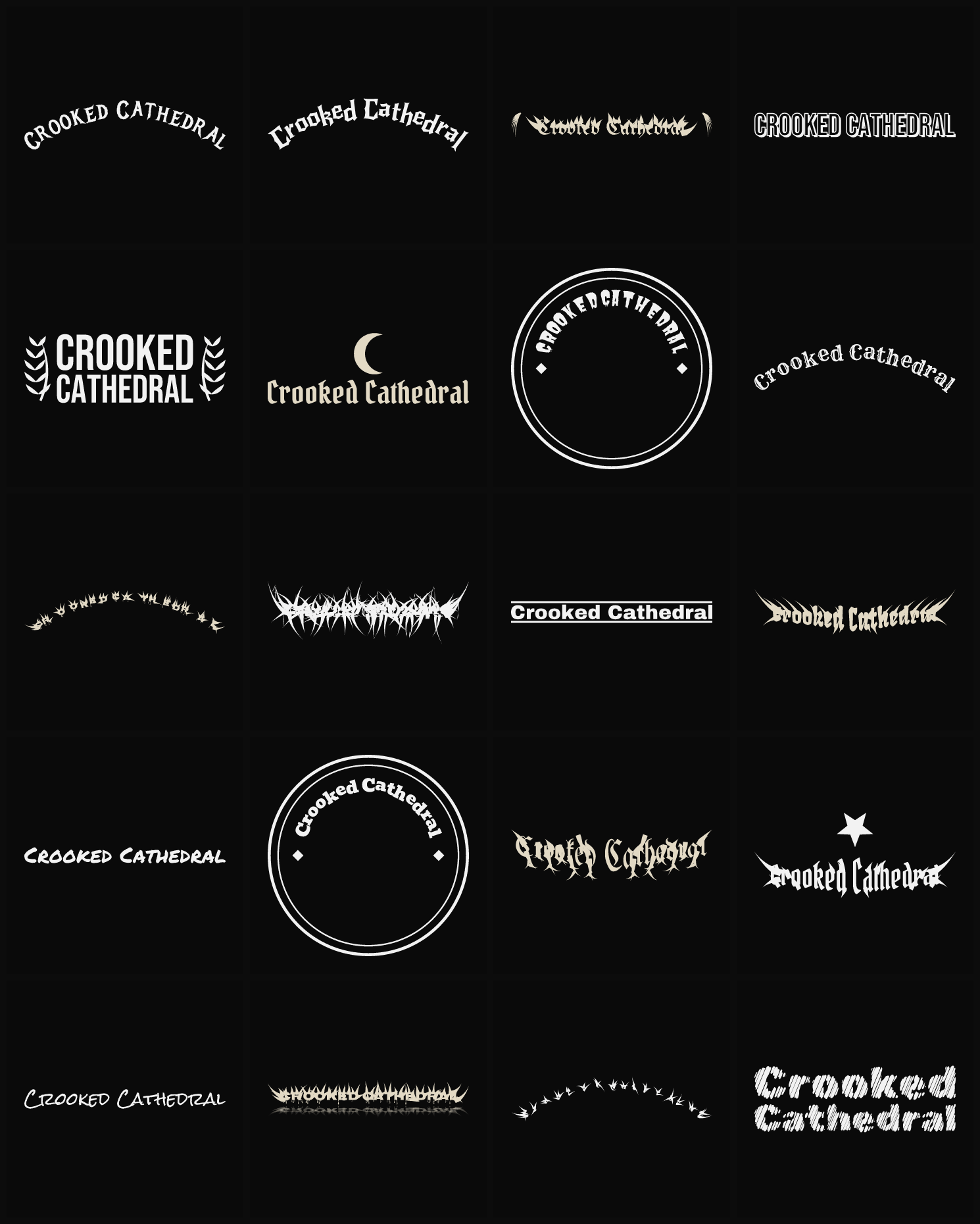 Twenty Crooked Cathedral band logo ideas — different faces, treatments and spike settings