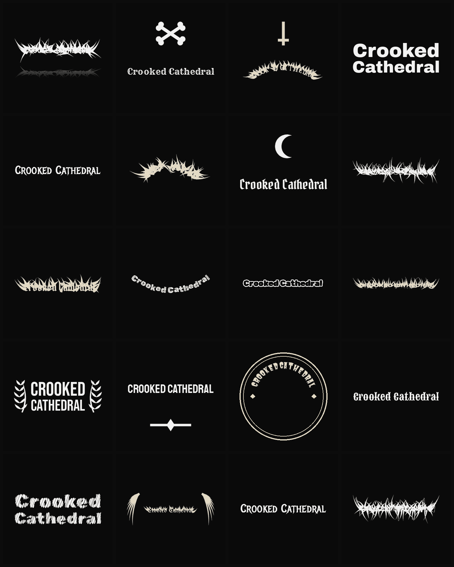 Twenty Crooked Cathedral band logo ideas — different faces, treatments and spike settings